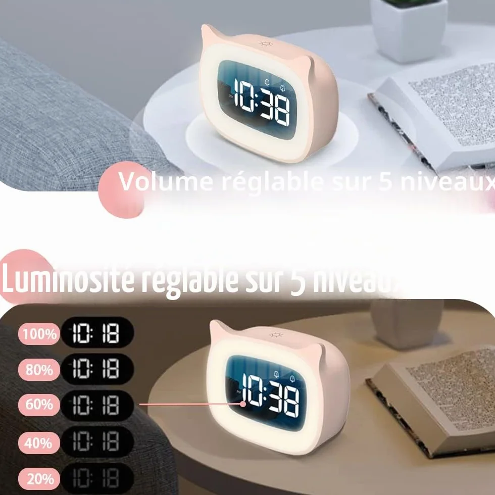 Réveil Enfant Éducatif Radio avec Veilleuse Jour/Nuit, Deux Alarmes, 18 Musiques, LED Numérique, Snooze, Rechargeable, Rosa