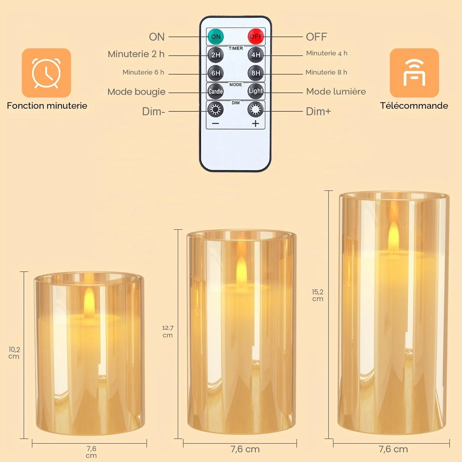EXTSUD Bougies LED Sans Flamme Rechargeable Lot de 3 avec Télécommande et Minuterie, Bougies Décoratives en Verre Jaune