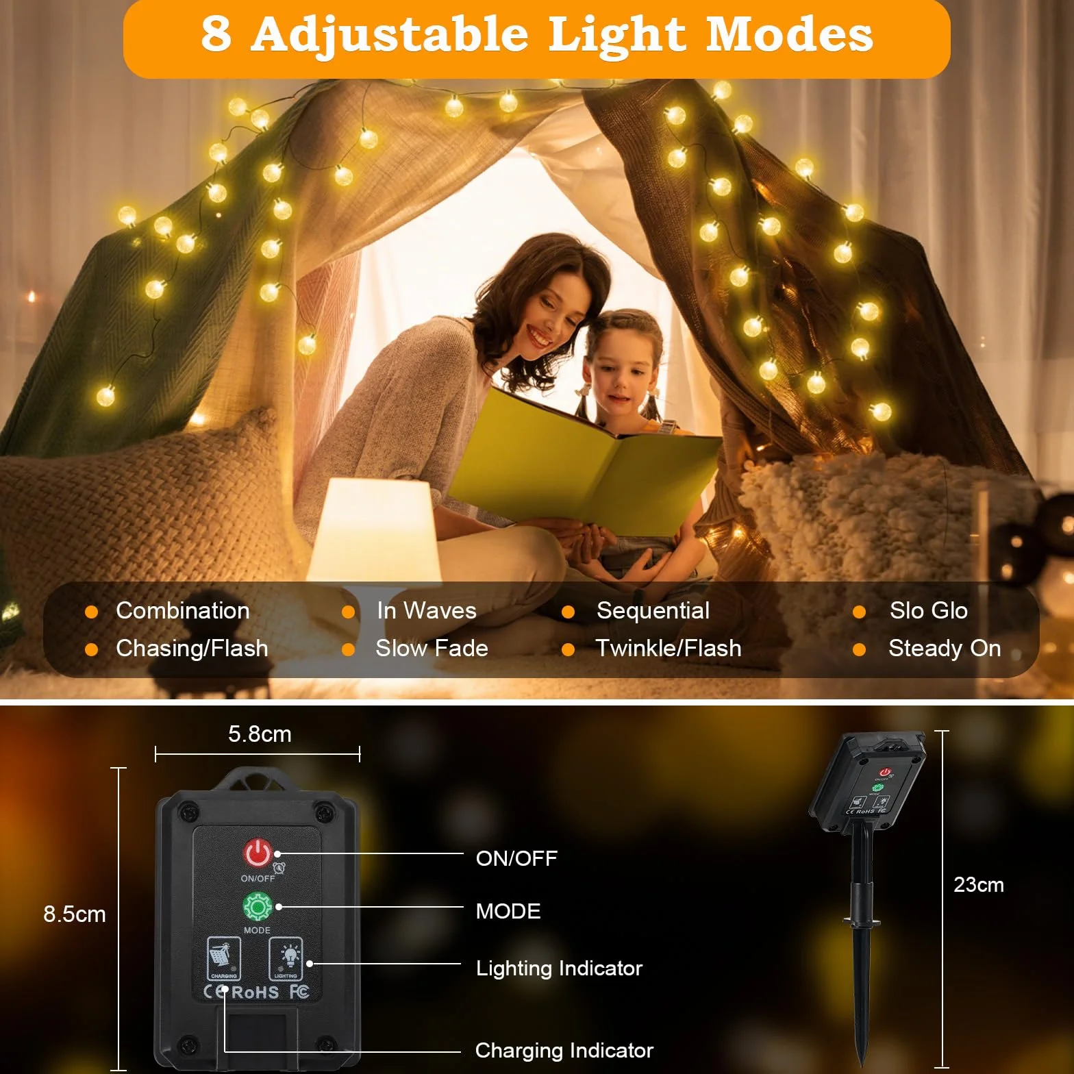 Guirlande Lumineuse Exterieure Solaire 18M 100 LED IP65 8 Modes Blanc Chaud