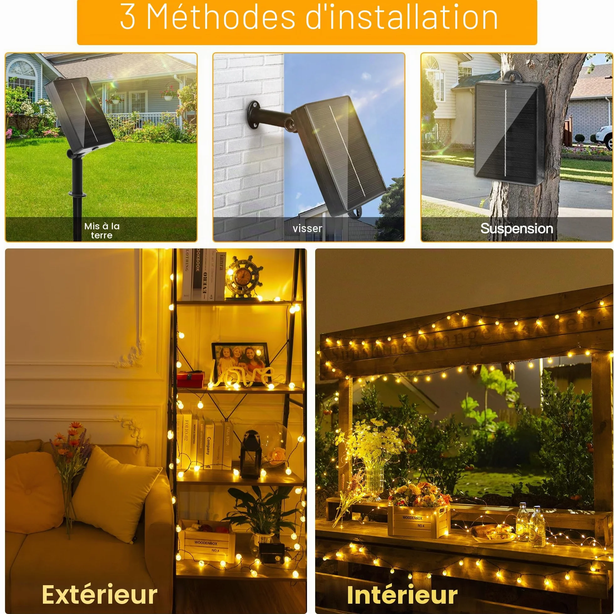Ollny Guirlande lumineuse solaire d'extérieur 5 m 30 LED étanche IP65 8 modes blanc chaud