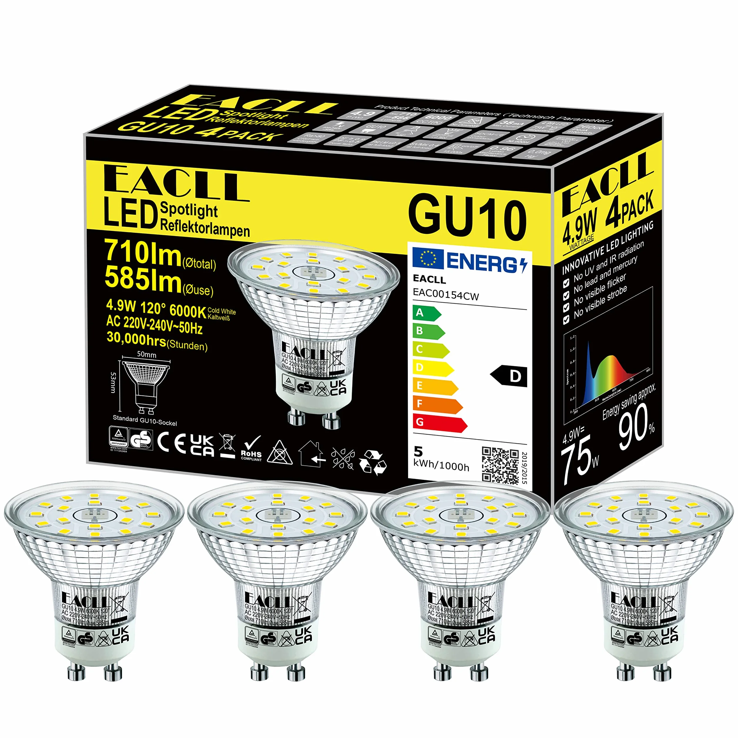 Ampoules LED GU10 Blanc Froid 4.9W Équivalent Halogène 75W Lot de 4 6000K 585 Lumens 120° Non Dimmable AC 230V
