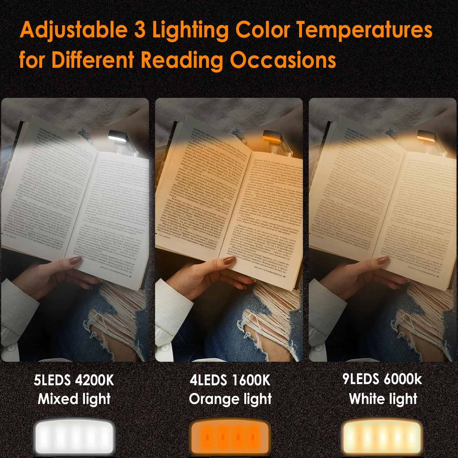Lampe de lecture portable rechargeable USB 3 modes couleur 5 luminosités variable Noir