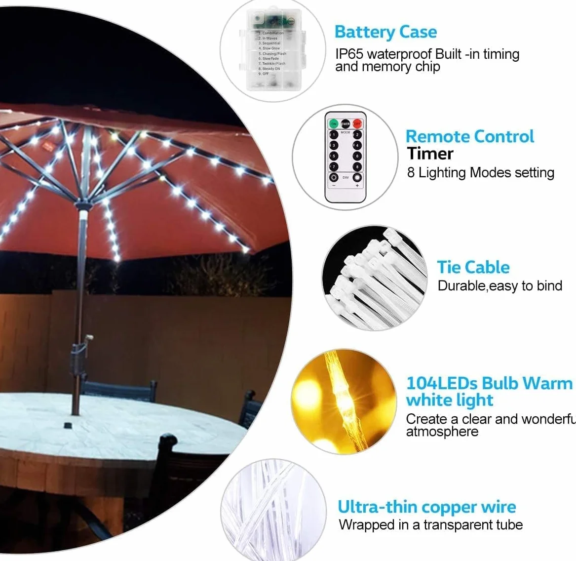 Sunlisky Guirlande Lumineuse LED Jardin IP68 8 Brins 1,3 m 3528 Perles Télécommande 8 Modes 3000 K