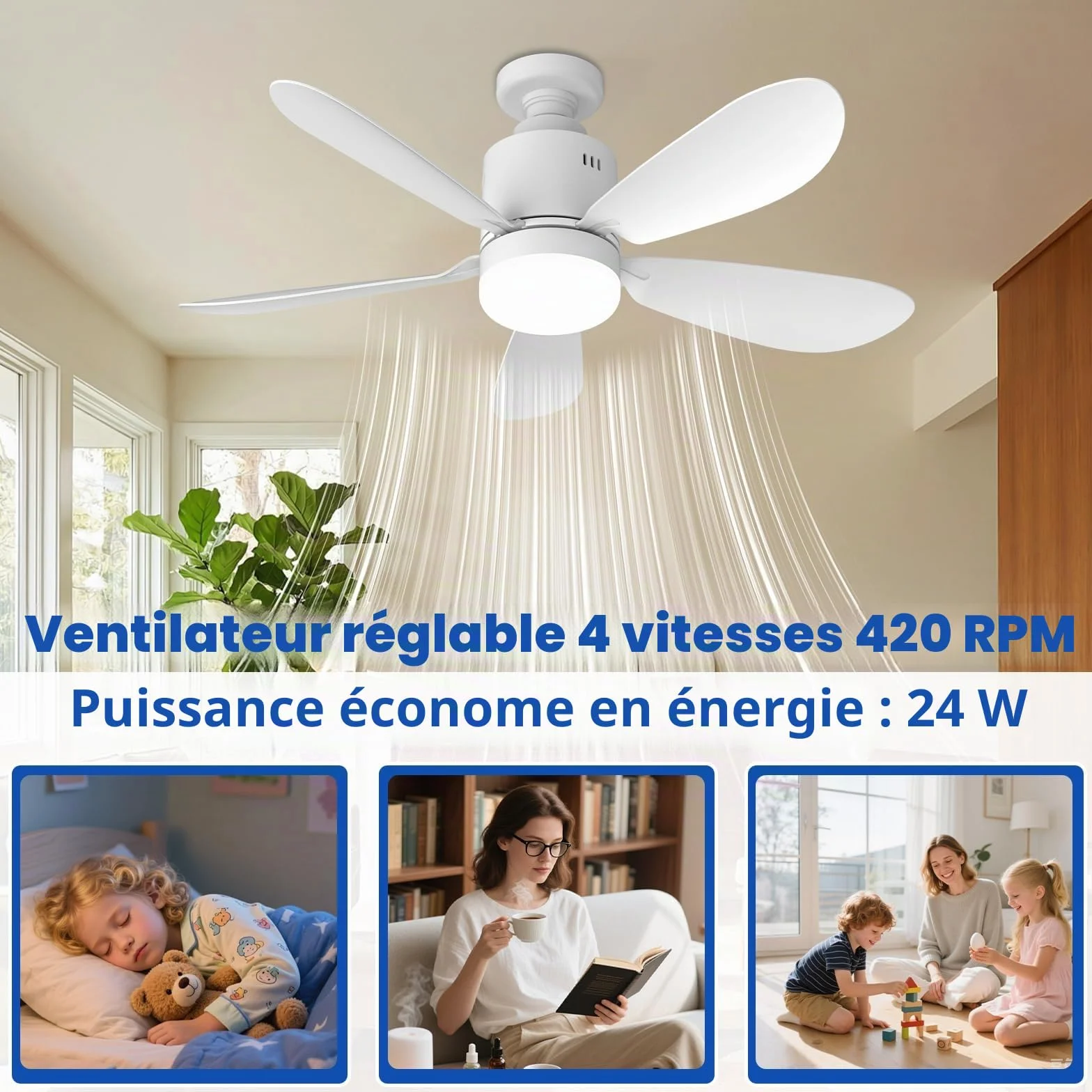 Ventilateur de Plafond LED 53 cm avec Télécommande, 24 W, 4 Vitesses, E27