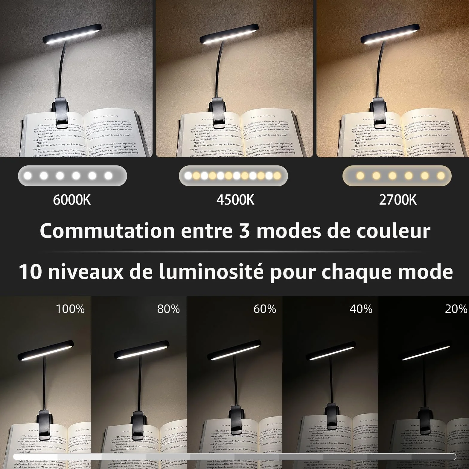 iFalarila Lampe de Lecture Rechargeable avec Câble Type-C, Liseuse Lampe Clip 3 Couleurs 10 Luminosités Mini Veilleuse Flexible Col de Cygne Pince