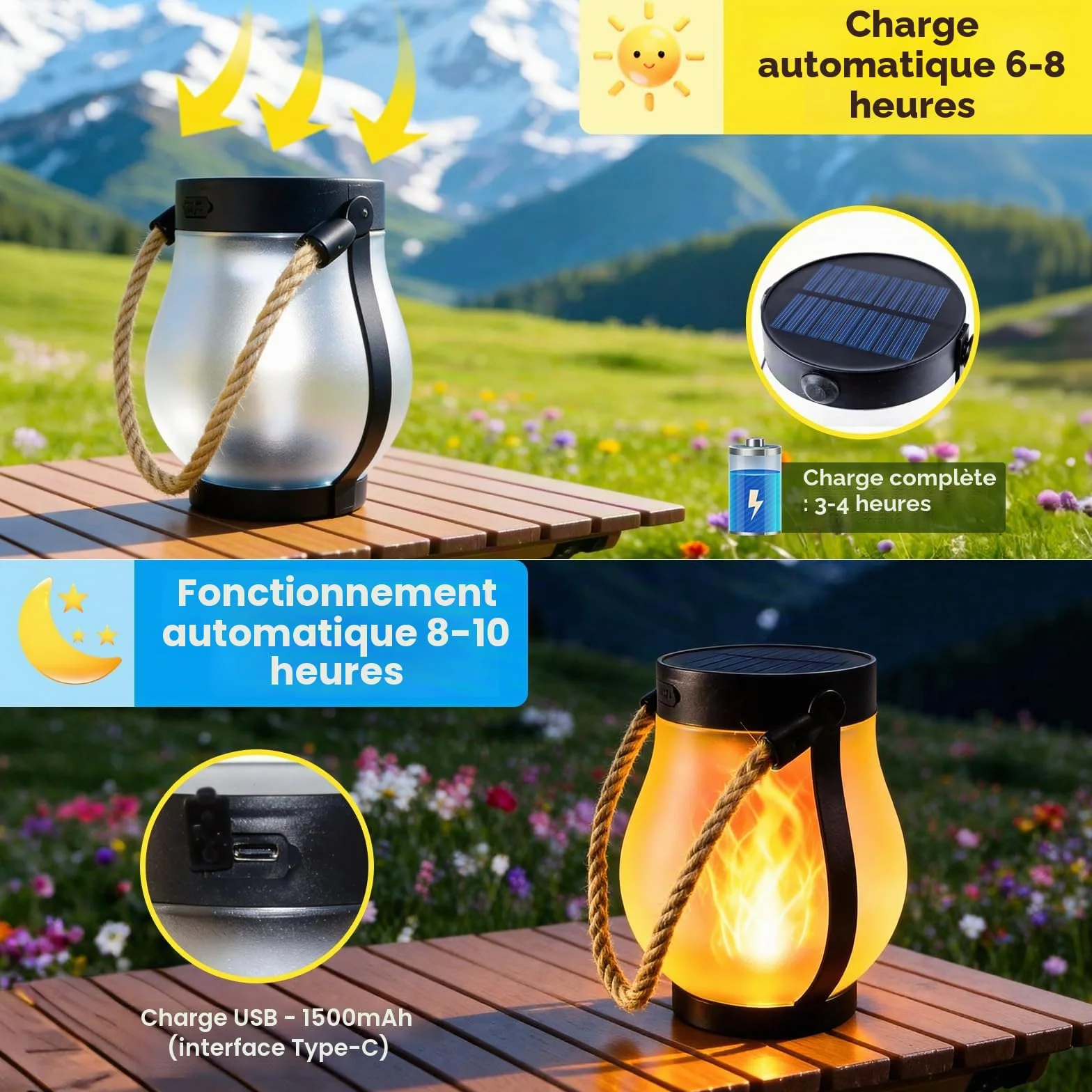 Lanternes solaires extérieures étanches flamme vacillante double charge USB solaire Lot de 2