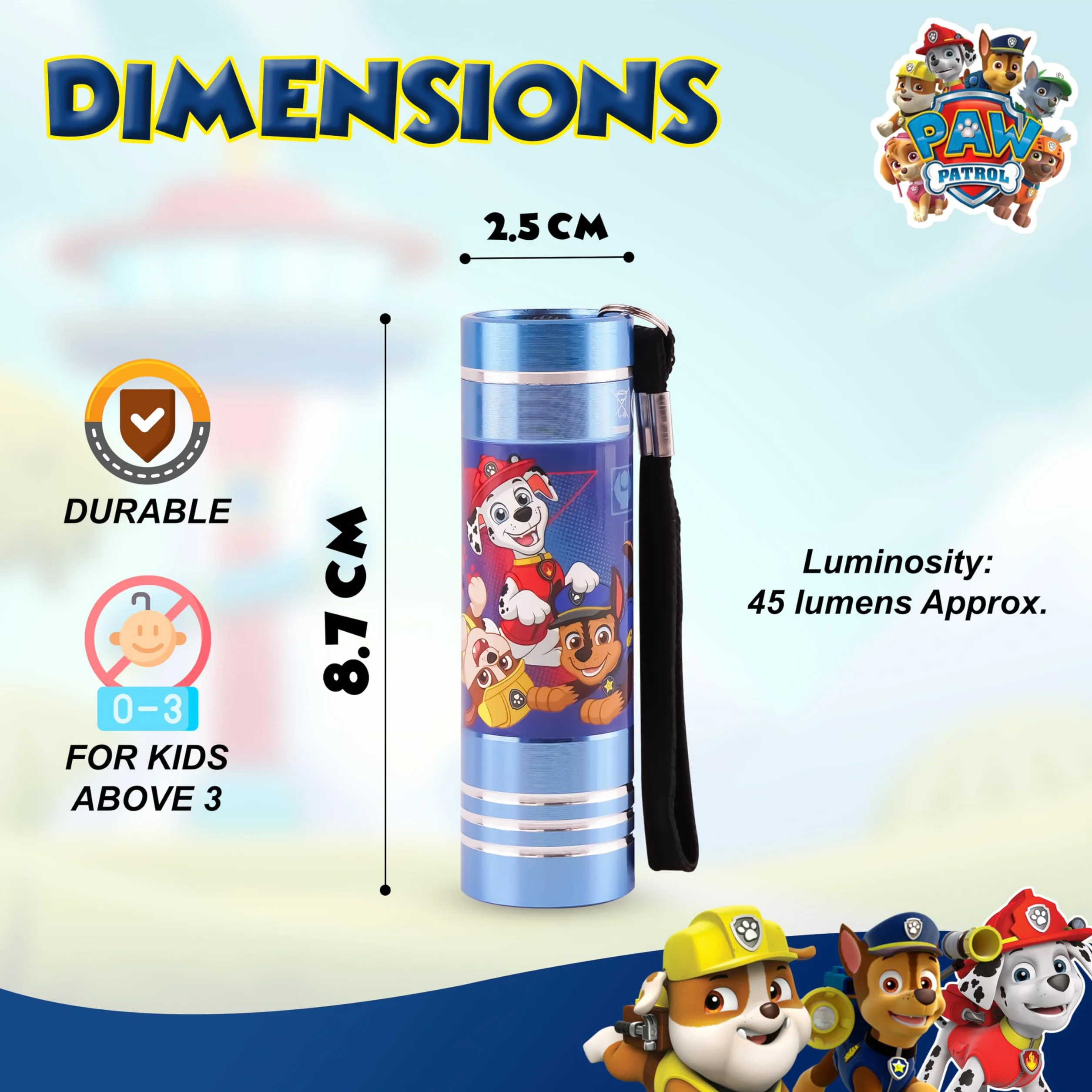 Lampe de poche Spiderman LED aluminium 8,7 cm pour enfants veilleuse Paw Patrol avec lanière