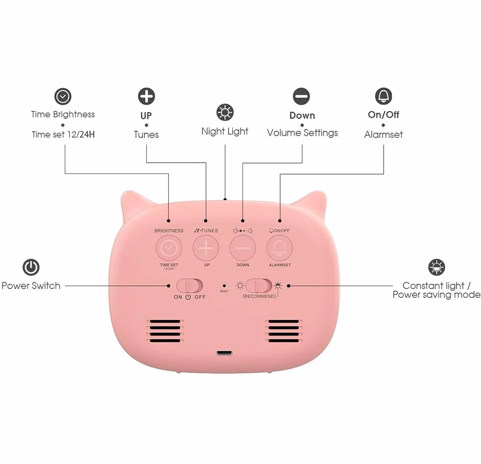 Réveil Enfant Éducatif LED Veilleuse Pendule Chambre Kid 5 Couleurs 18 Musiques Cadeau Anniversaire Fille Garçon Rose