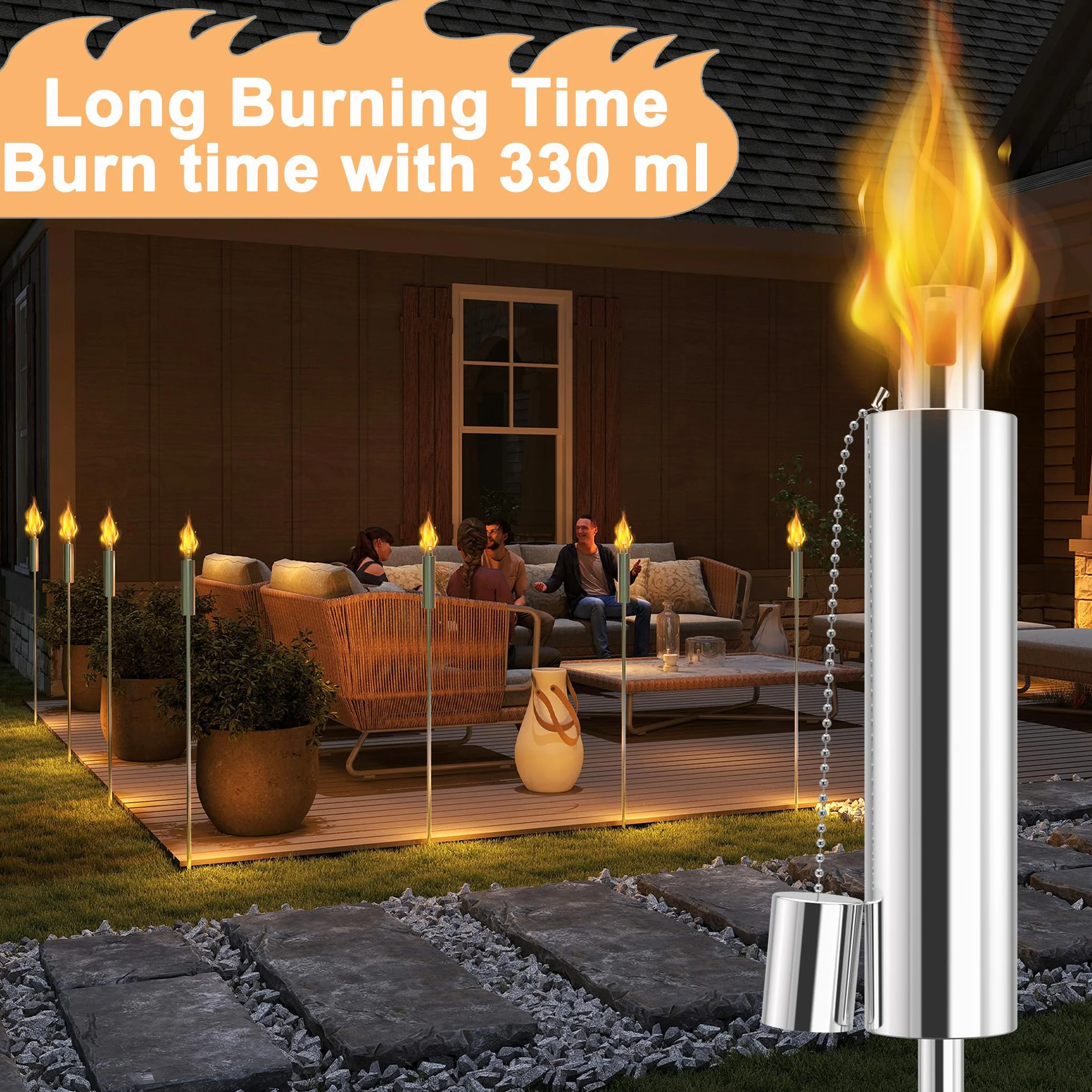 Lot de 6 torches de jardin en acier inoxydable 330 ml 115 cm rechargeable à huile