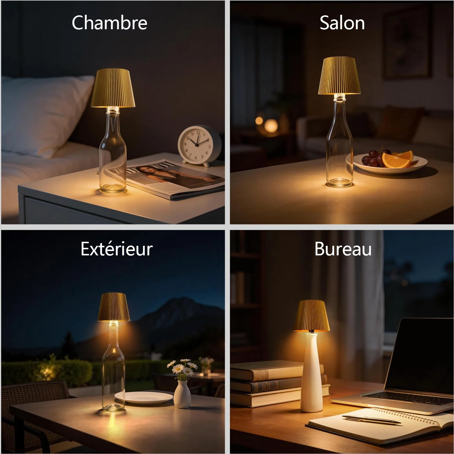 Lampe LED décorative dorée Rechargeable USB-C Sans fil IP54 3 températures réglables pour récipient en verre à goulot standard Table Balcon Terrasse Camping