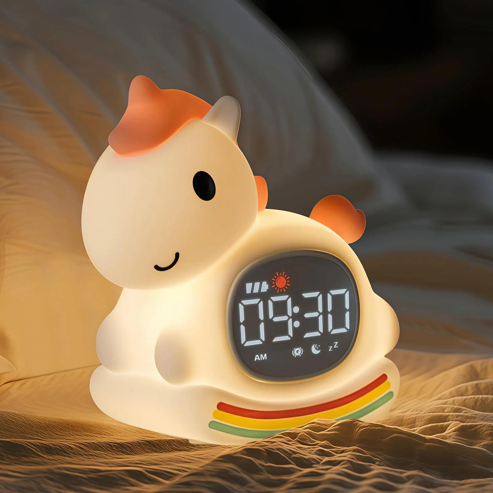 Horloge Réveil Poney Veilleuse Enfants Lampe Rechargeable Silicone Rose