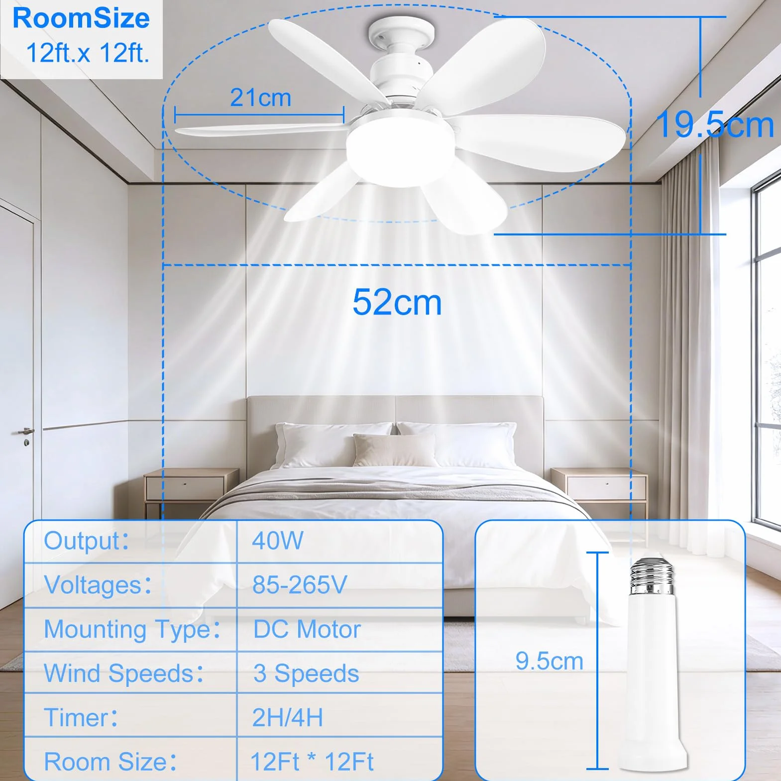 Ventilateur de plafond LED 50CM avec télécommande, 3 vitesses, 3000K-6500K, silencieux