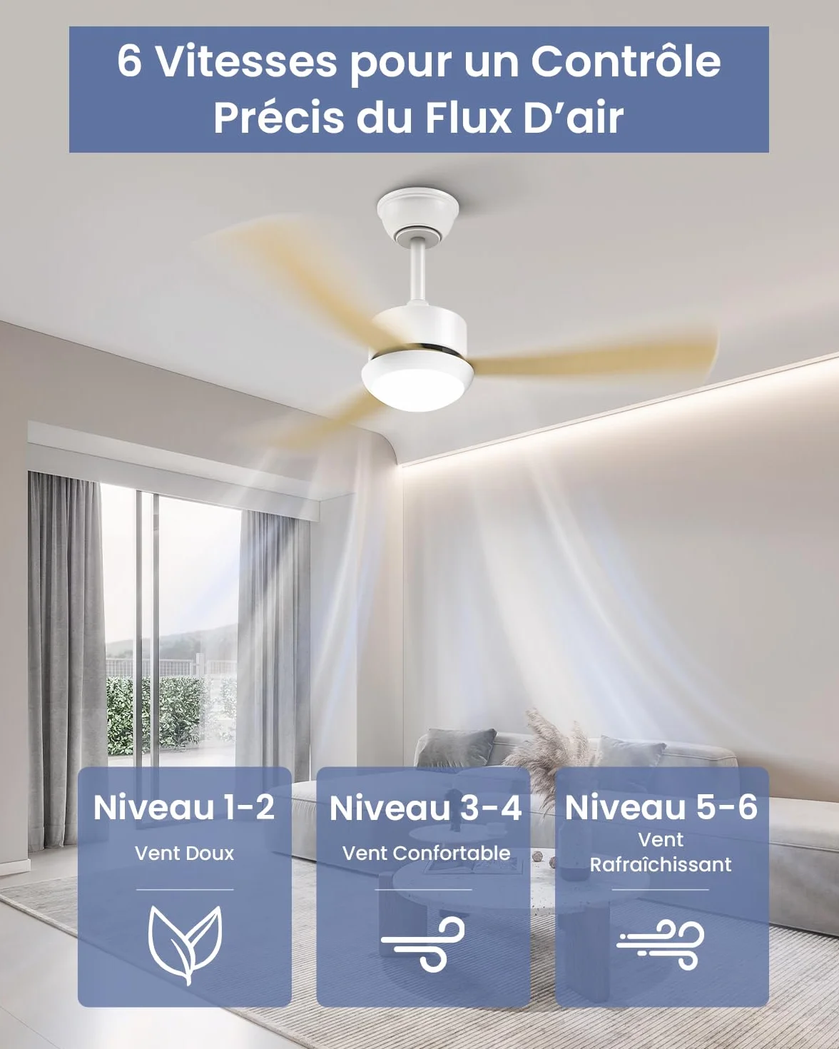 Airwit Ventilateur Plafond avec Lumière 106cm, Pales Bois, Silencieux, Télécommande, LED Dimmable, Moteur DC Réversible, 6 Vitesses