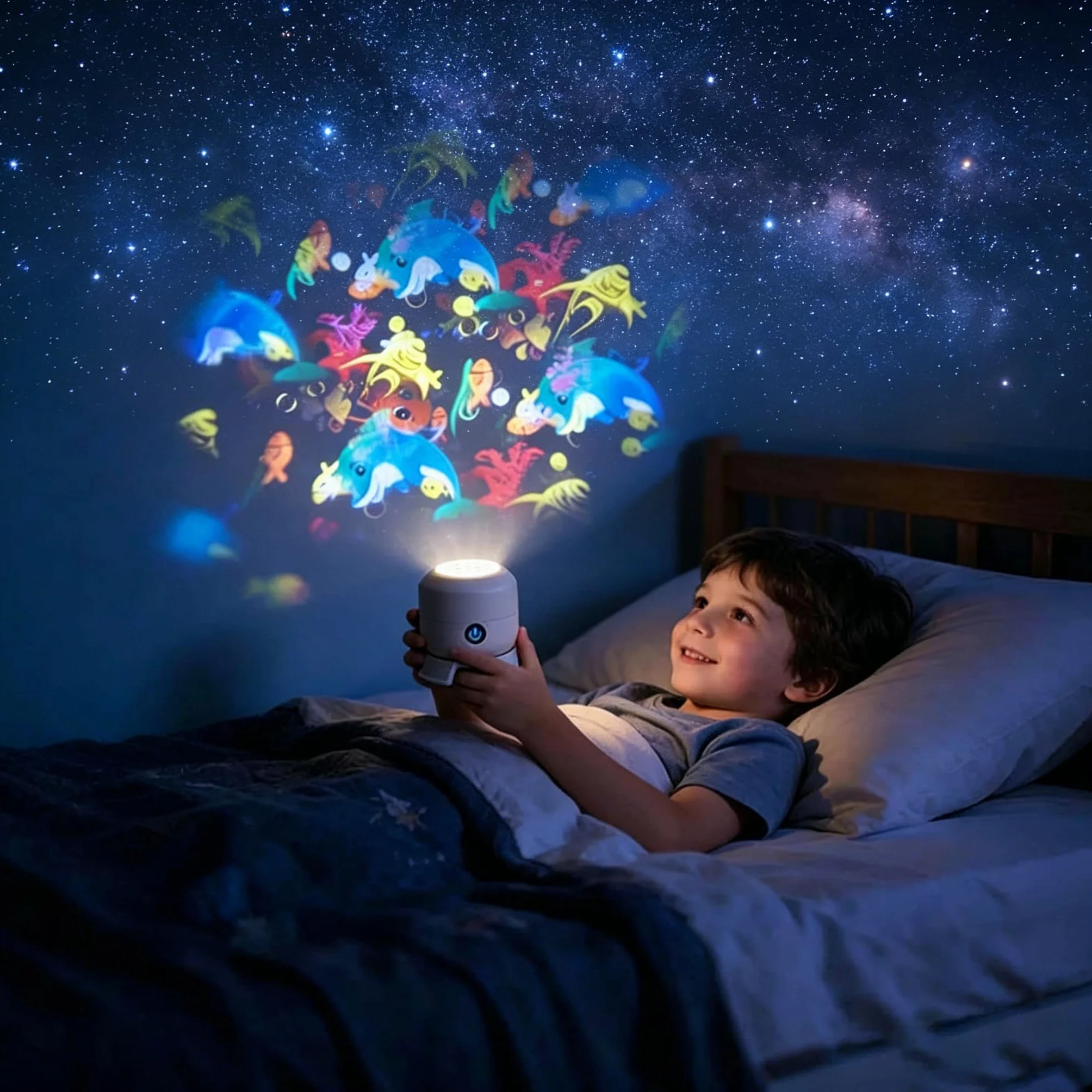 Projecteur LED rotatif 360° USB, lumière nocturne flocon de neige/océan, lumière d'ambiance LED à intensité variable