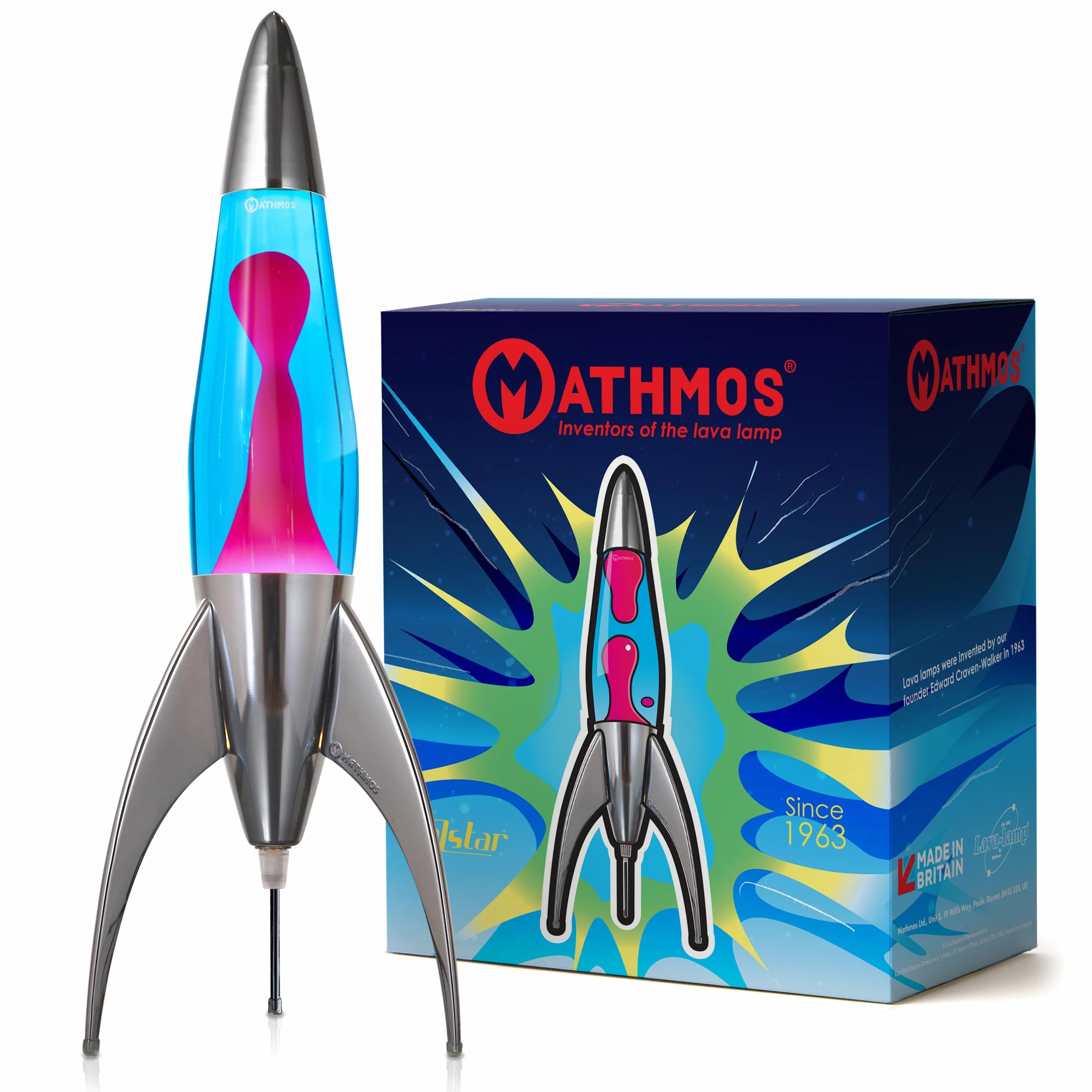 MATHMOS Lampe à lave fusée Telstar argentée bleu rose métal chromé remplie à la main Grande-Bretagne