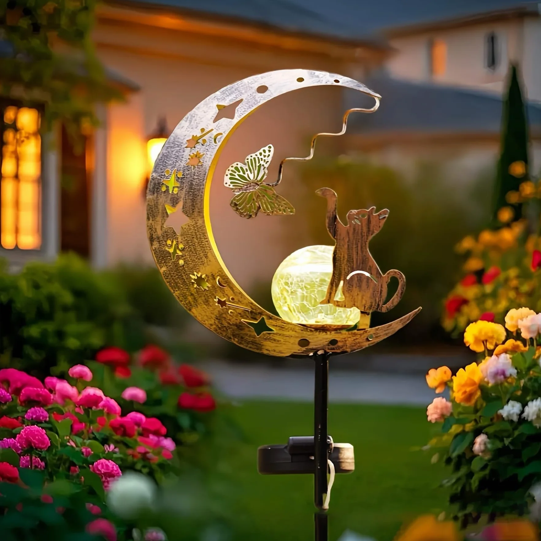 YeahBoom Lampes solaires de jardin décoratives avec motif lune et chat, étanche pour extérieur