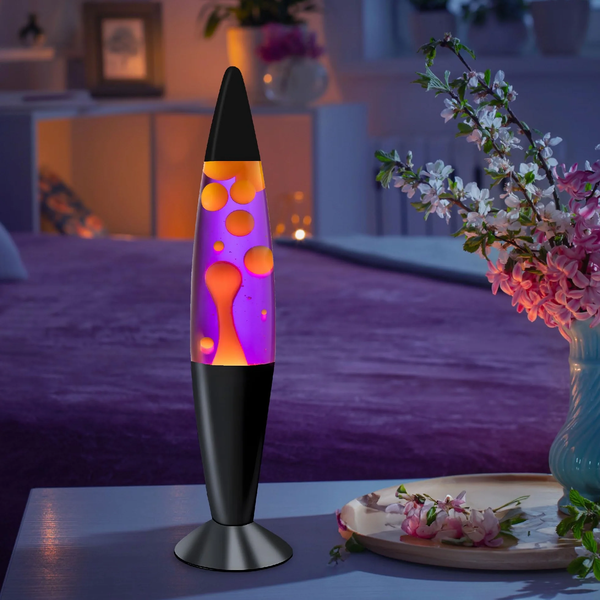 Lampe à Liquide Relaxante 16" Violet/Cire Jaune/Orange pour Salon Bureau Chambre