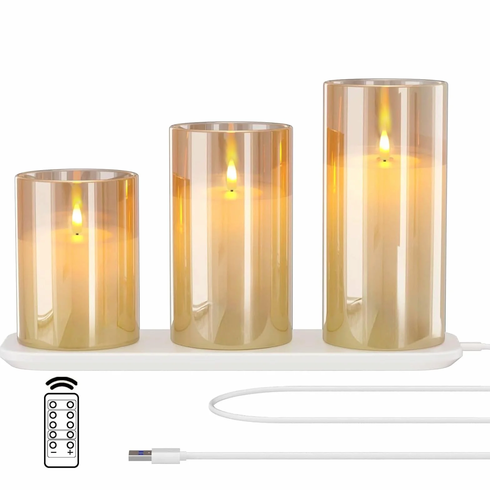 EXTSUD Bougies LED Sans Flamme Rechargeable Lot de 3 avec Télécommande et Minuterie, Bougies Décoratives en Verre Jaune