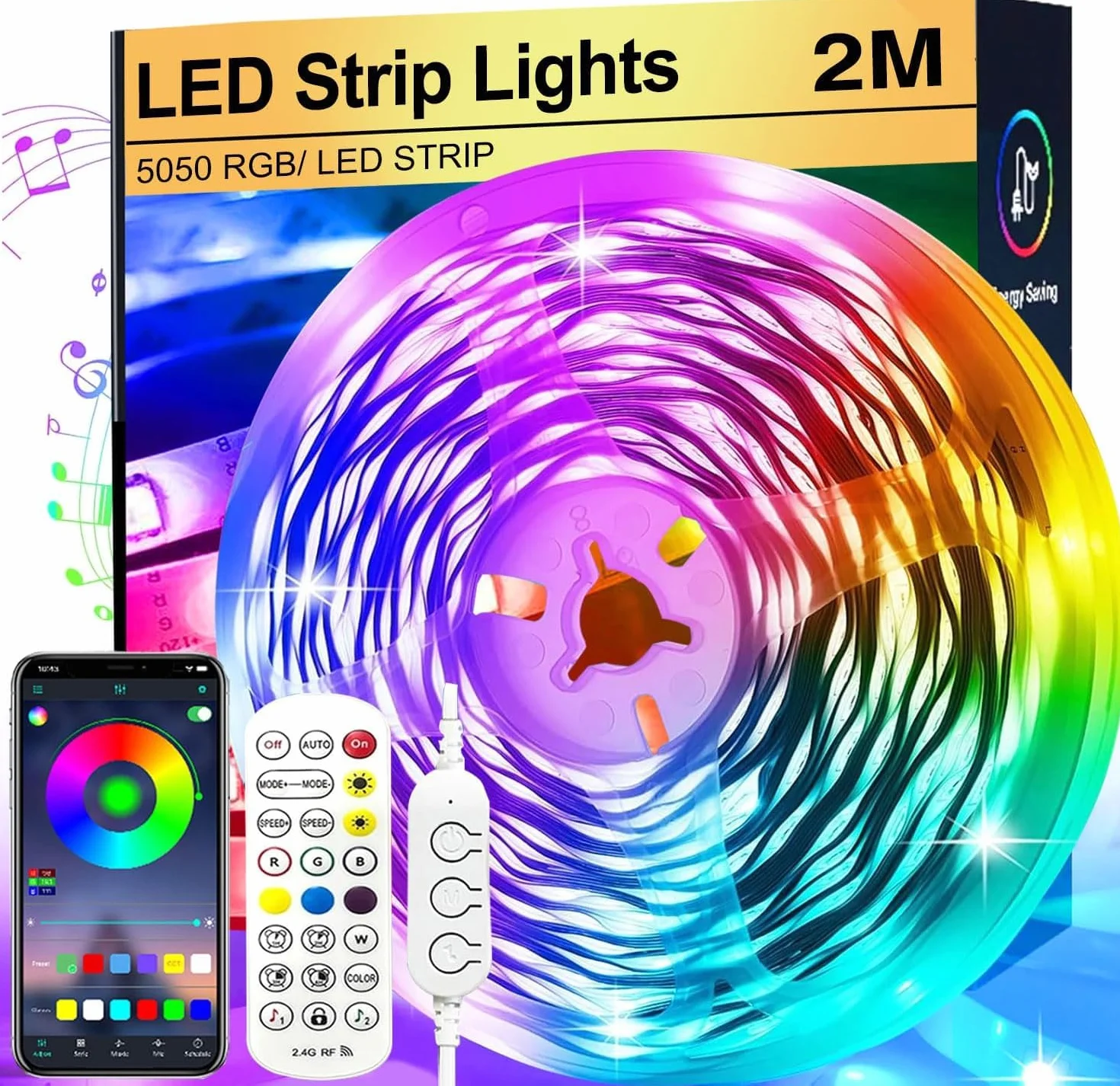 Ruban LED 2M 5050 RGB Multicolore Flexible avec Télécommande, Synchronisé Musique