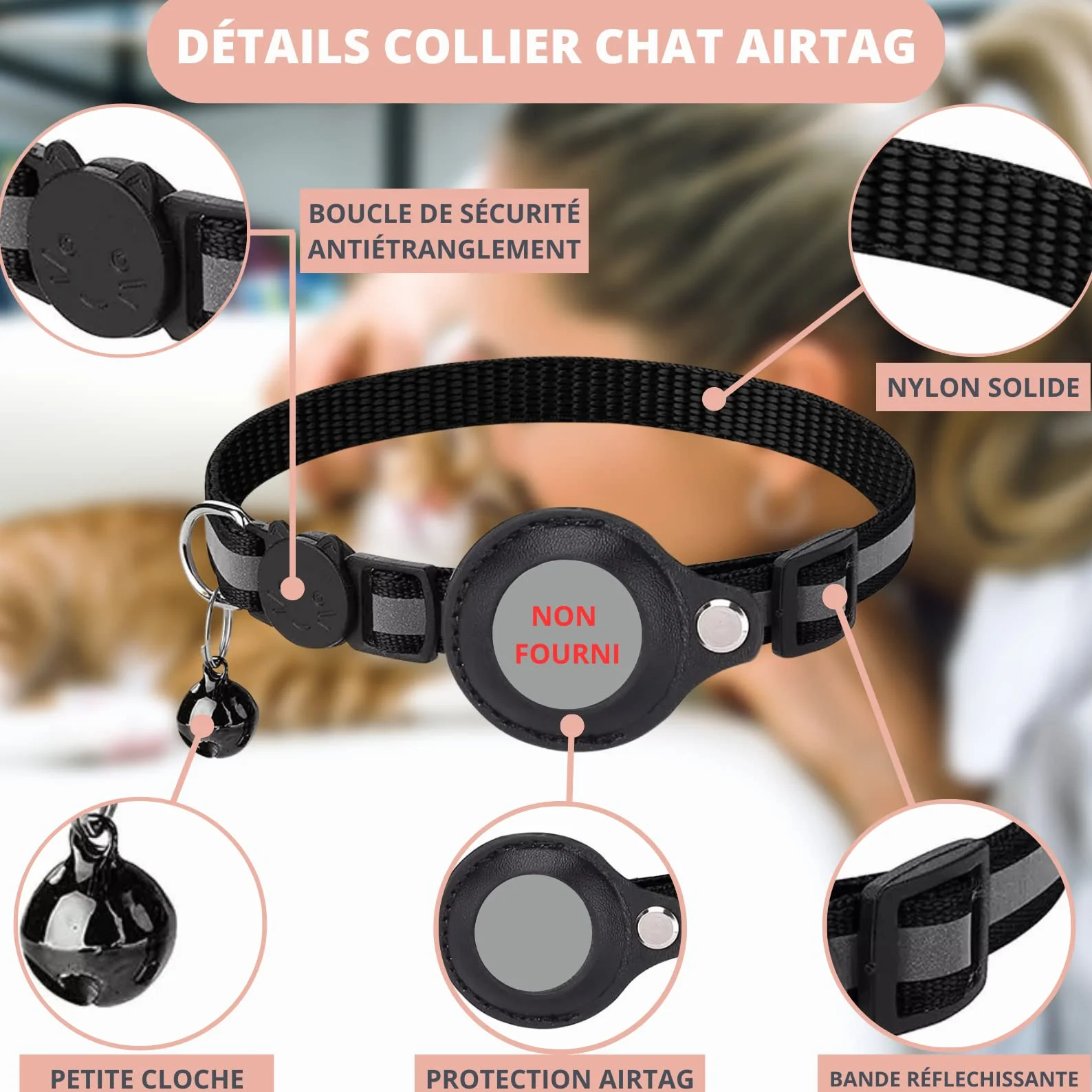 Collier Chat Croc-Cat Compatible Apple AirTag Localisation Léger Confortable Sécurité Maximale
