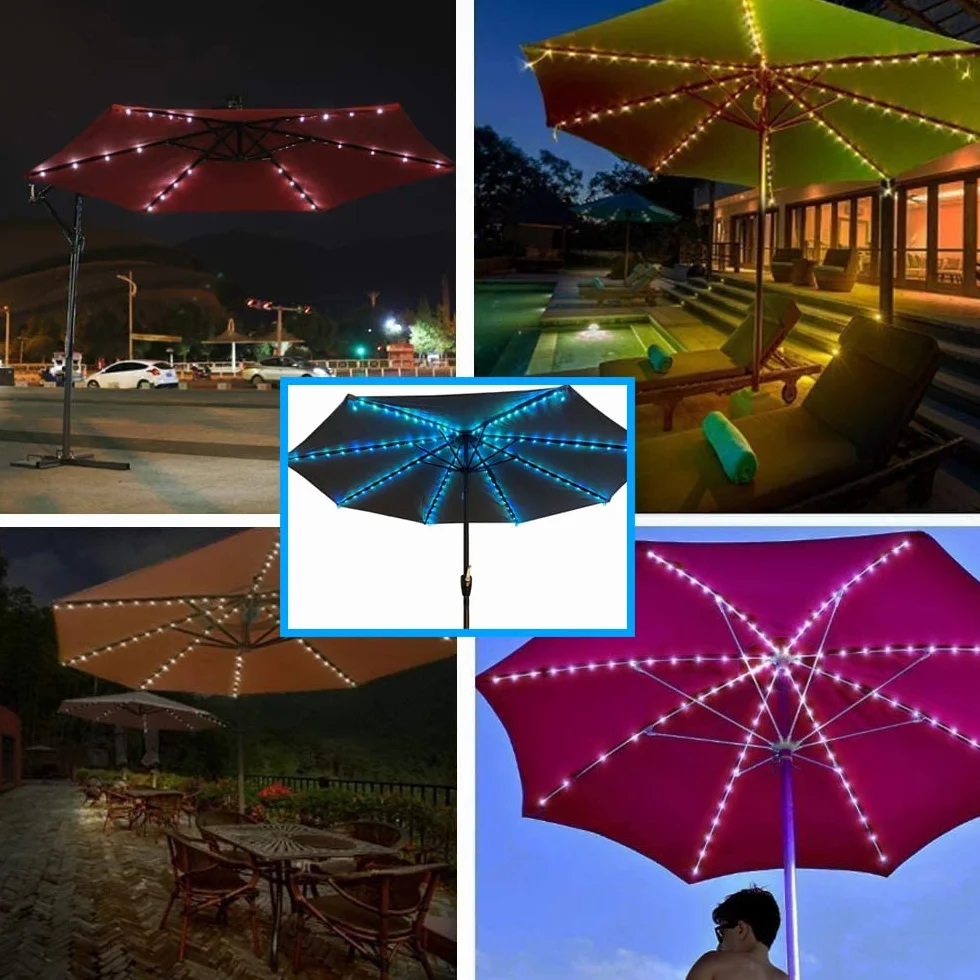 Guirlande lumineuse pour parasol 104 LED avec télécommande et minuterie 4 modes éclairage décoratif extérieur