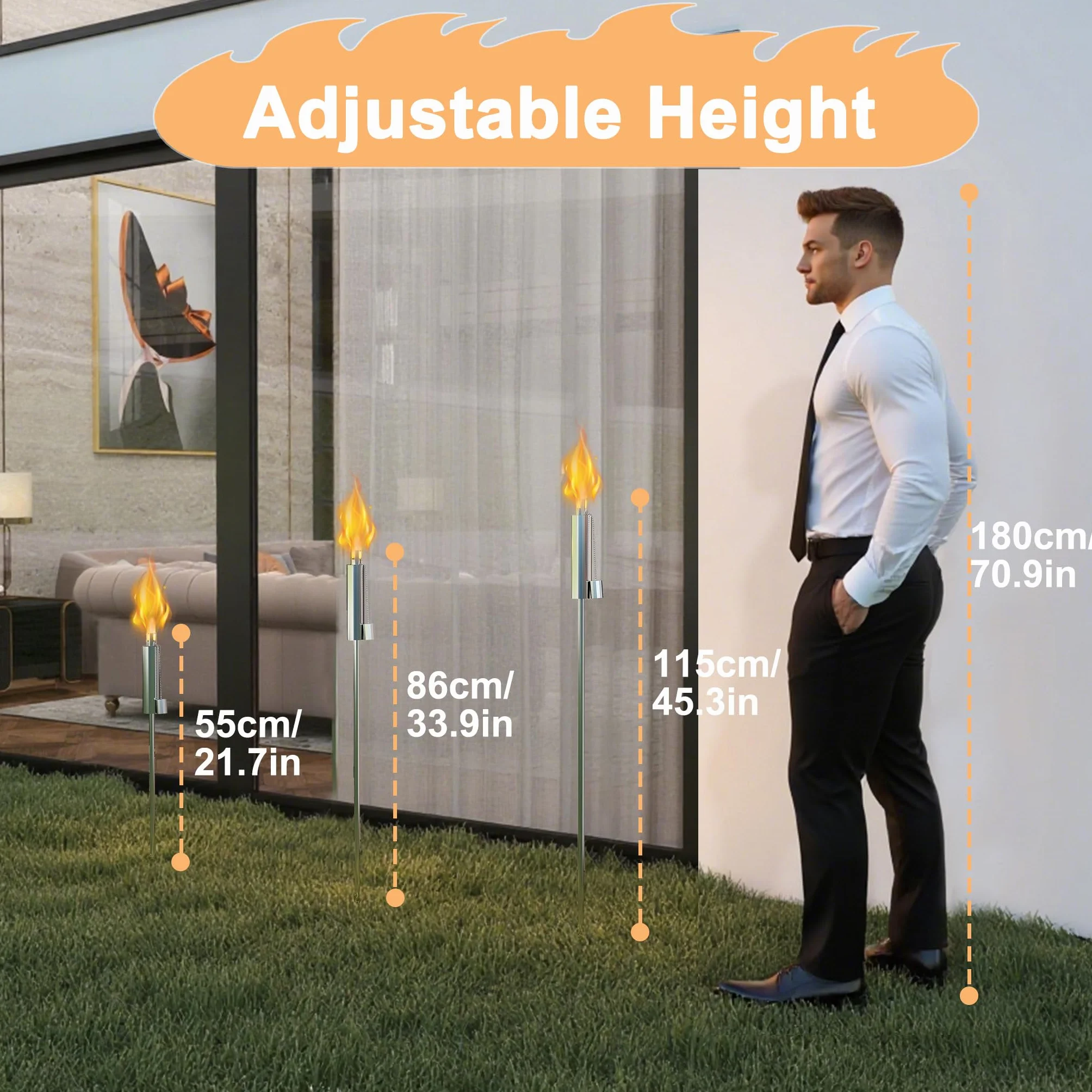 Lot de 6 torches de jardin en acier inoxydable 330 ml 115 cm rechargeable à huile