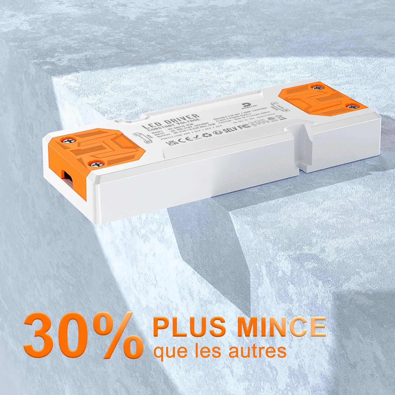 DUSKTEC Transformateur 220V à 24V Alimentation LED 15W Plat AC-DC IP44