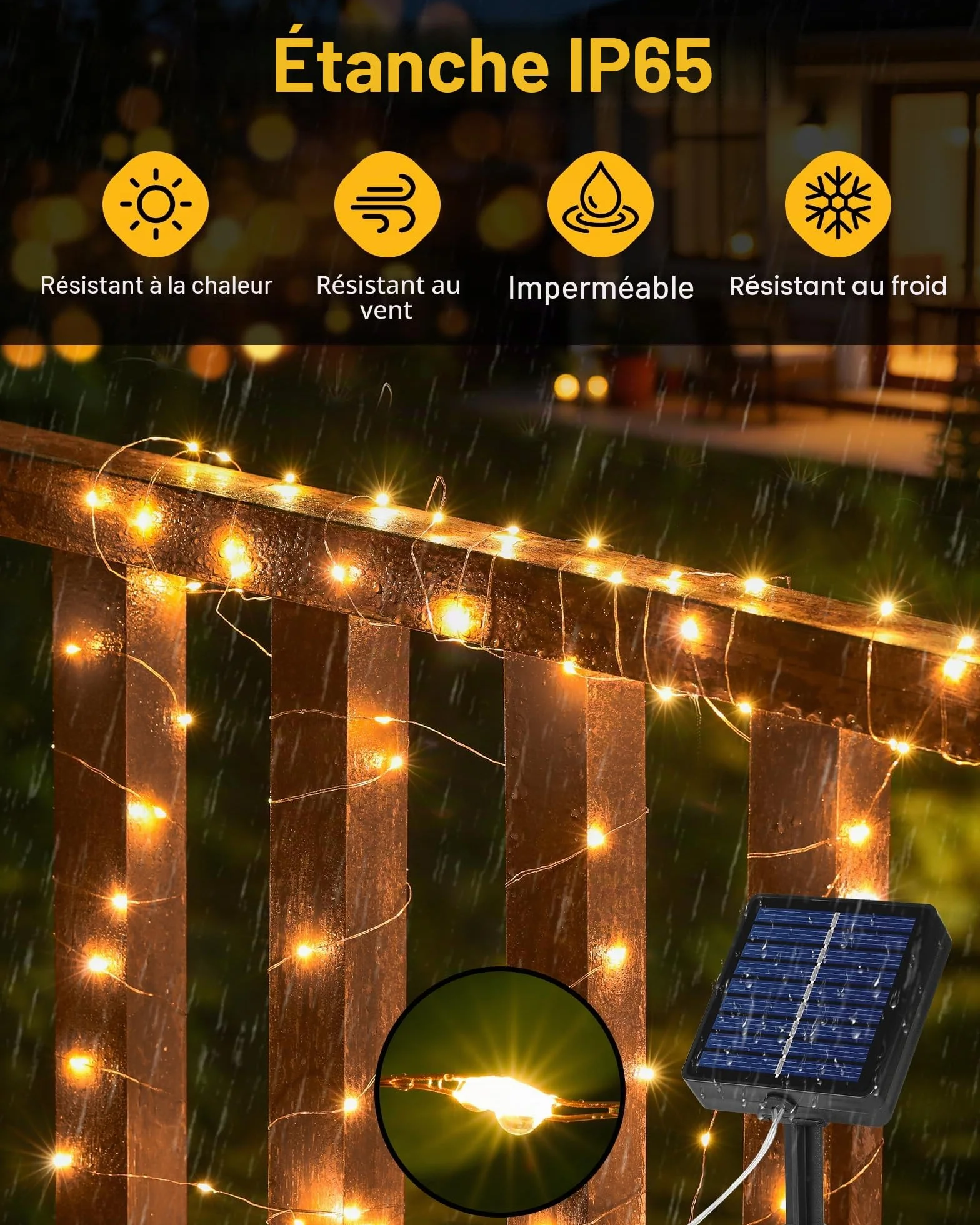 Guirlande Solaire Extérieur 20M 200LED IP65 8 Modes Minuteur Mémoire Fil de Cuivre Blanc Chaud