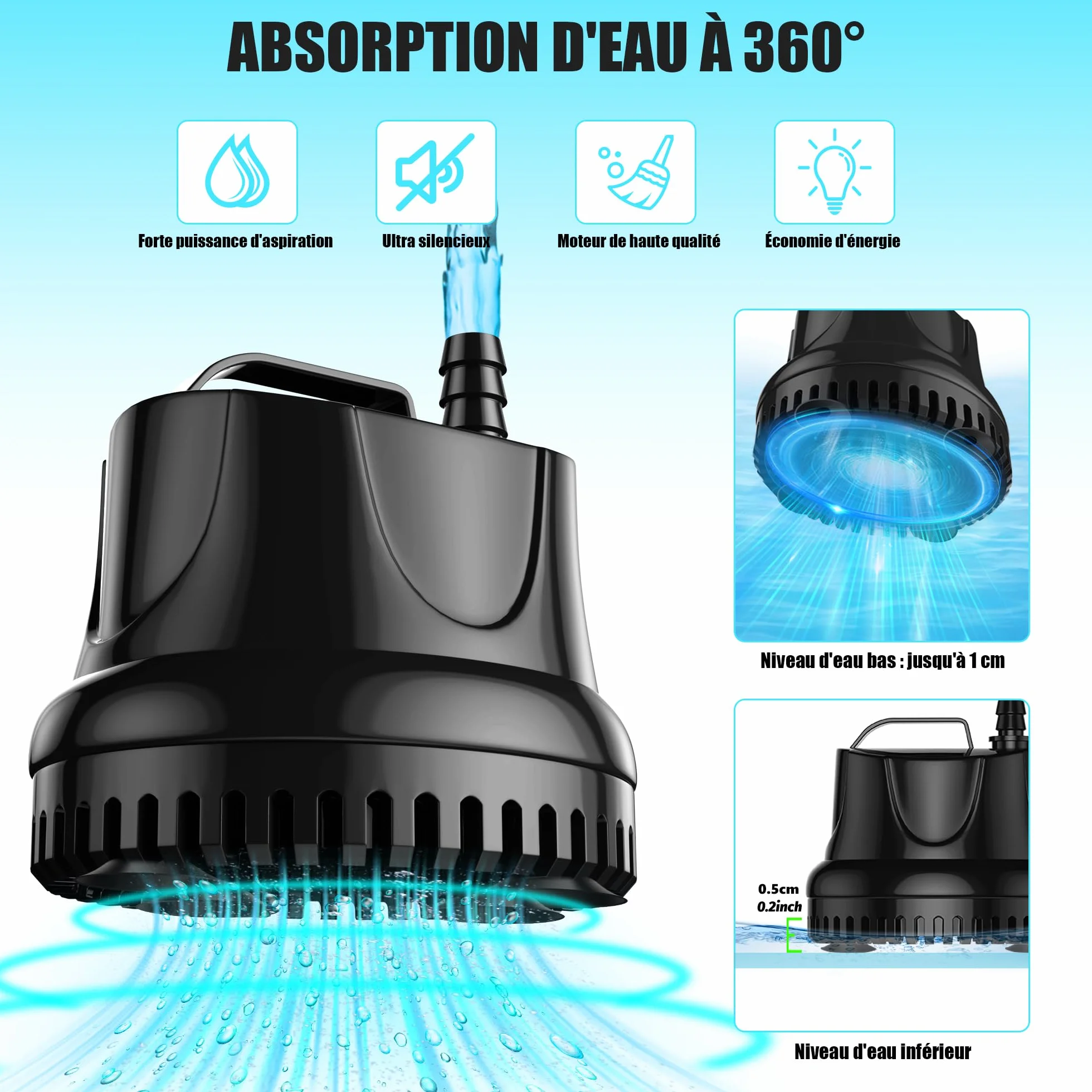 Pompe à Eau Submersible 25W 1500 L/H Ultra Silencieuse pour Bassin Fontaine Jardin avec 5 Buses 1.5M Tuyau