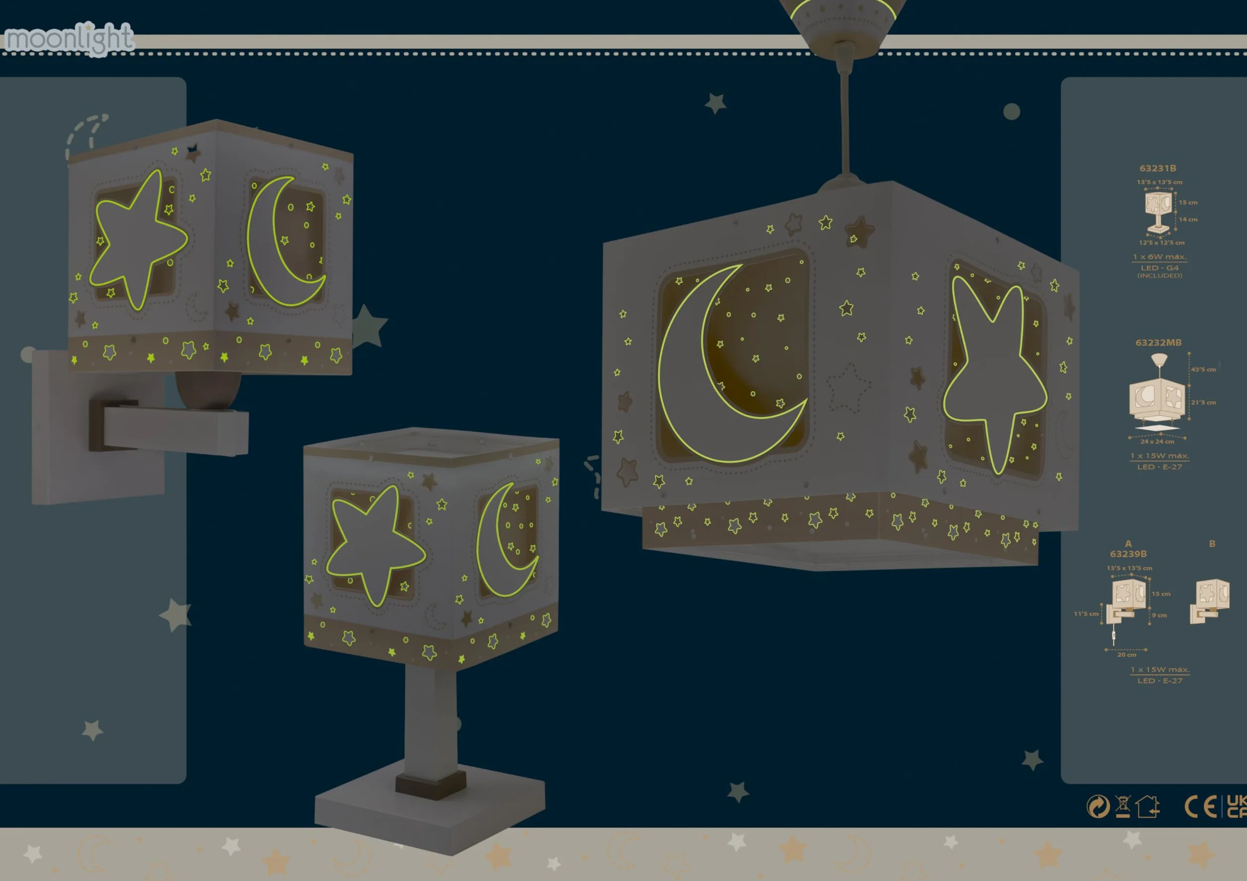 Dalber Lustre Chambre Lampe Suspension Plafonnier Enfants Moonlight Lune Étoiles Beige E27