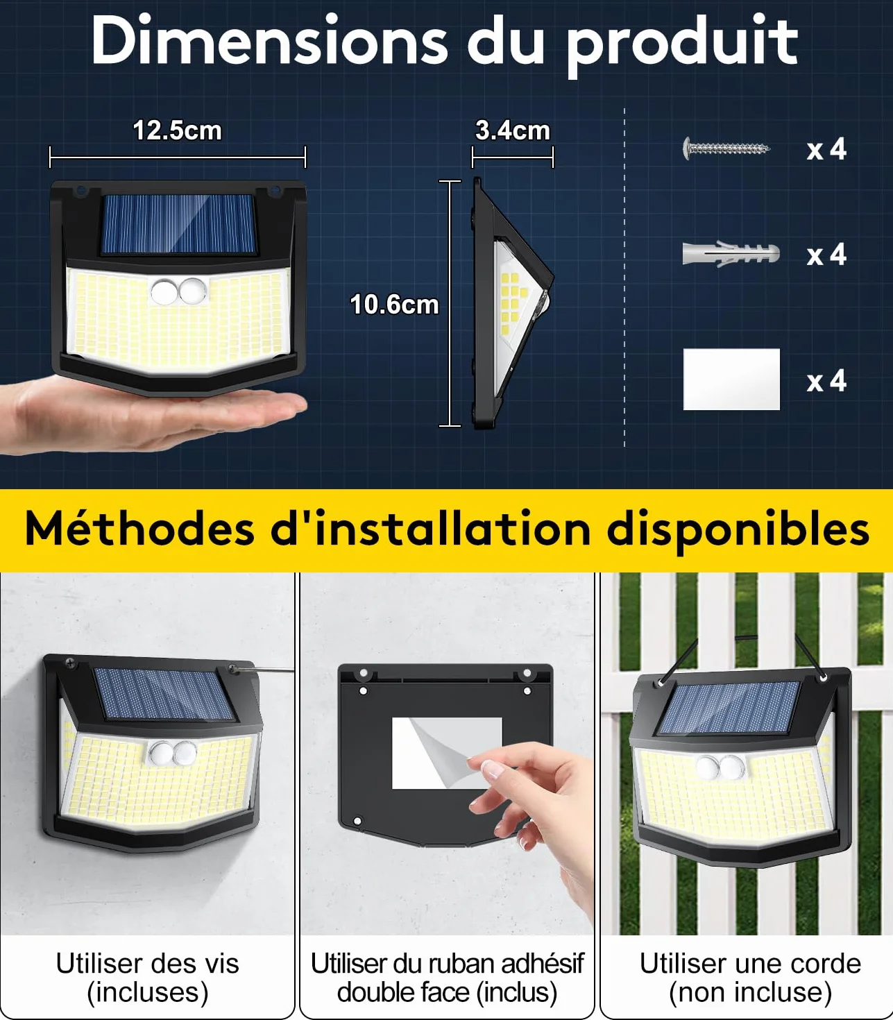 Lampe Solaire Extérieure avec Détecteur Mouvement 248 LED 3 Modes 270° IP65 Étanche Mural 4 Paquet