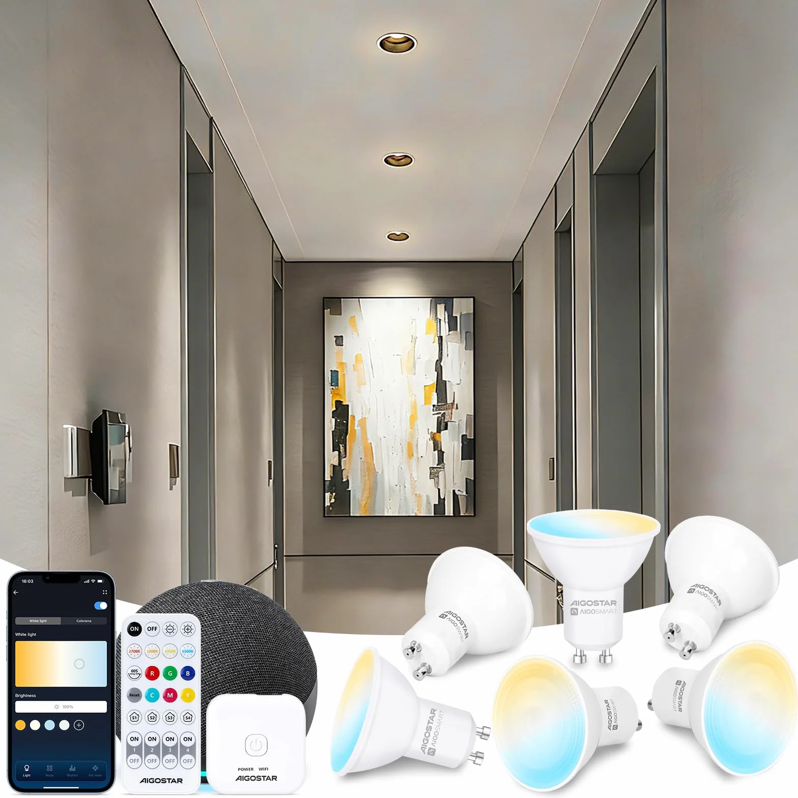 Aigostar Mesh 6.5W GU10 Ampoule Connectée Bluetooth 555LM 2700K-6500K LED Alexa 16 Millions Couleurs 6 Unités avec Passerelle Télécommande
