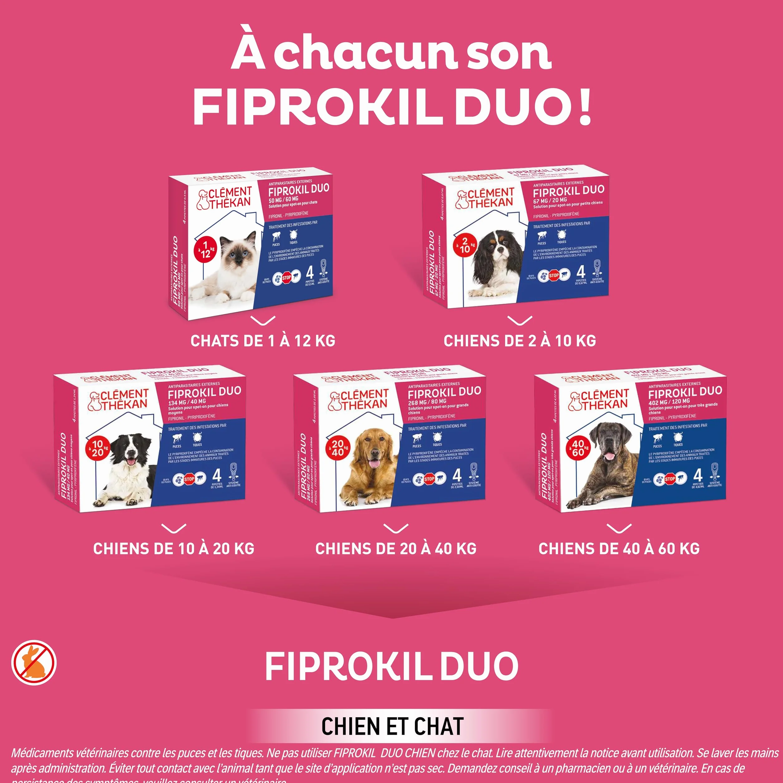 Clément Thékan Anti-puces Anti-tiques Chats Protection 2 en 1 4 pipettes Fiprokil Duo (50mg/60mg)