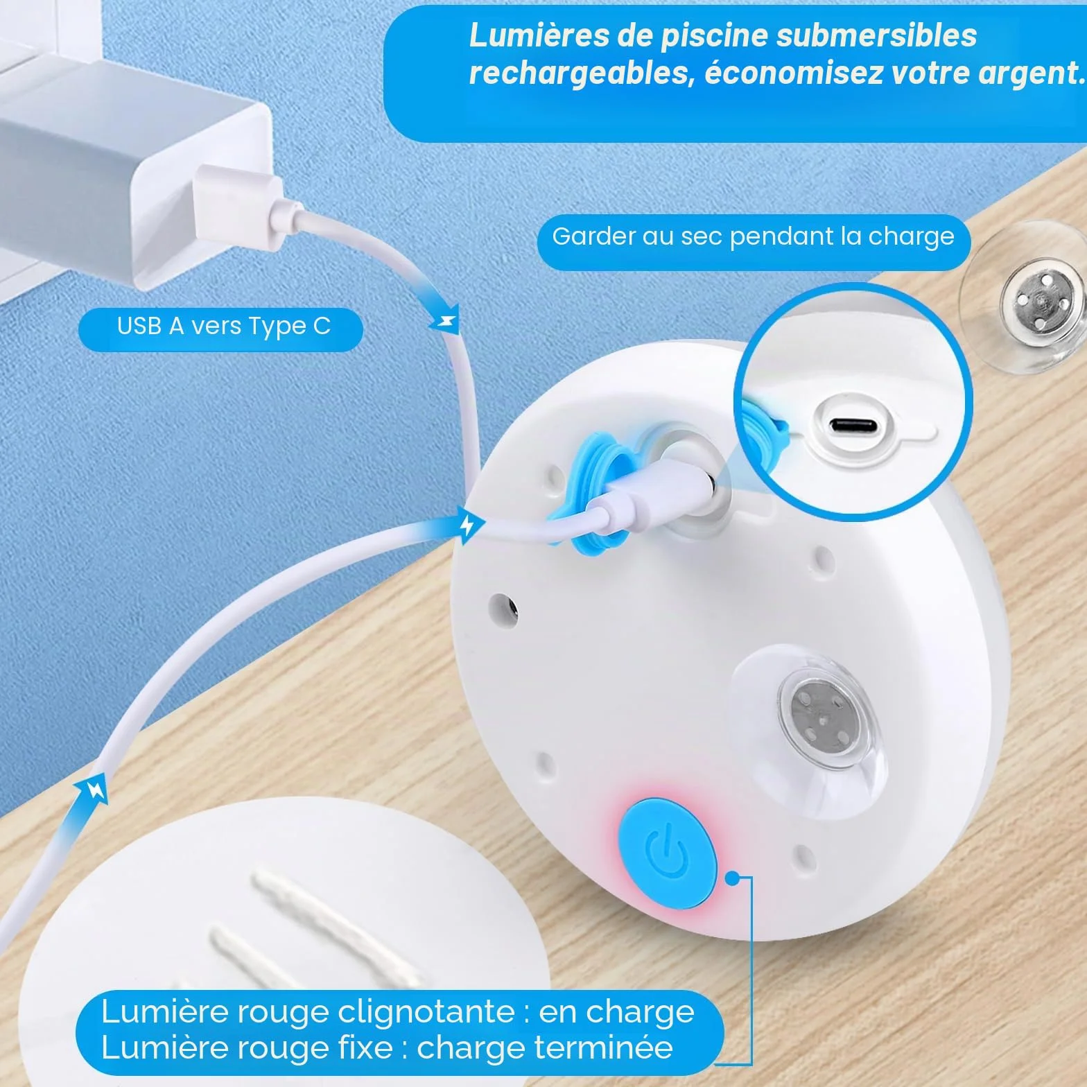TEPENAR Lot de 4 lampes de piscine submersibles rechargeables USB-C avec télécommande 16 couleurs étanches aimant