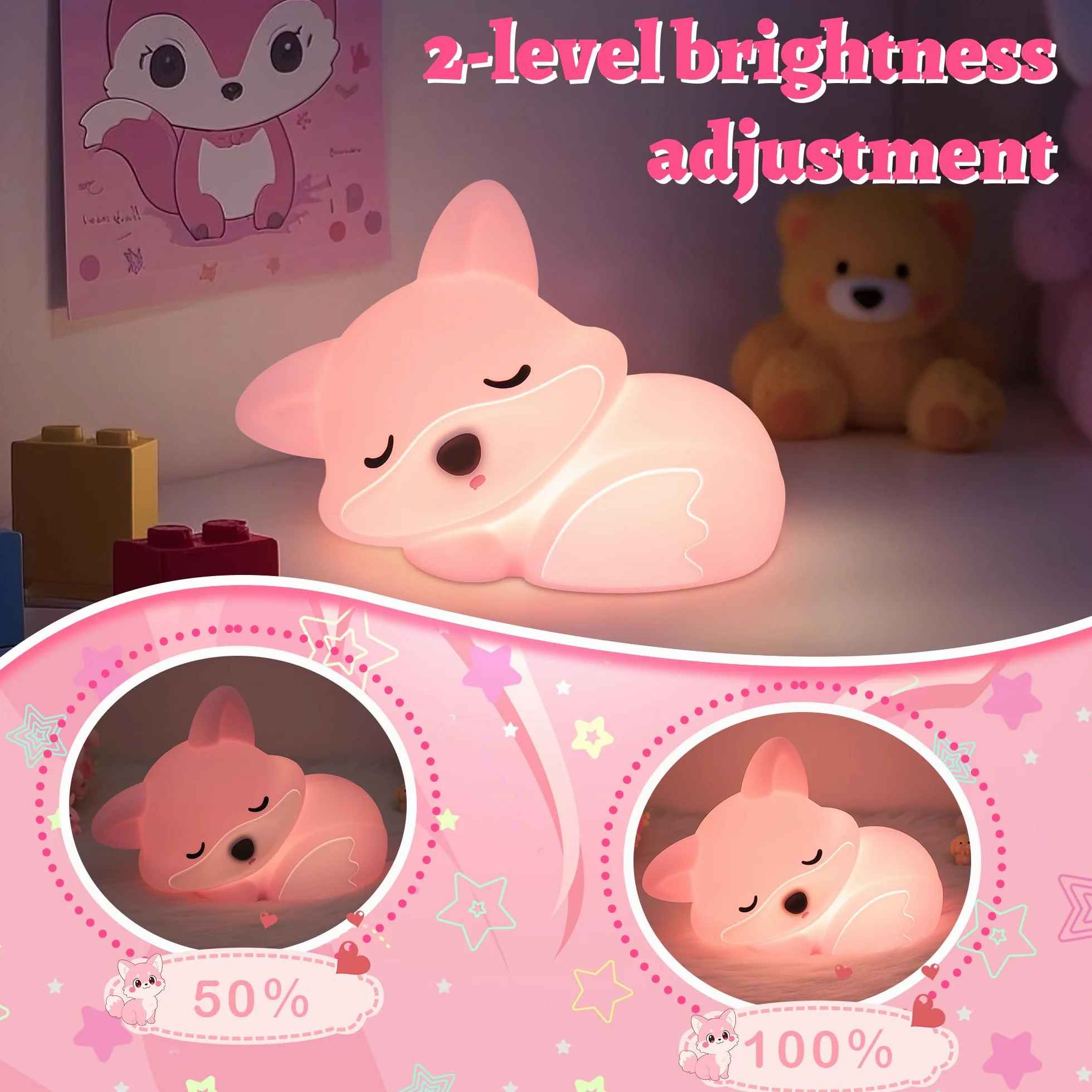 Lampe renard rose en silicone à intensité variable veilleuse enfant décoration