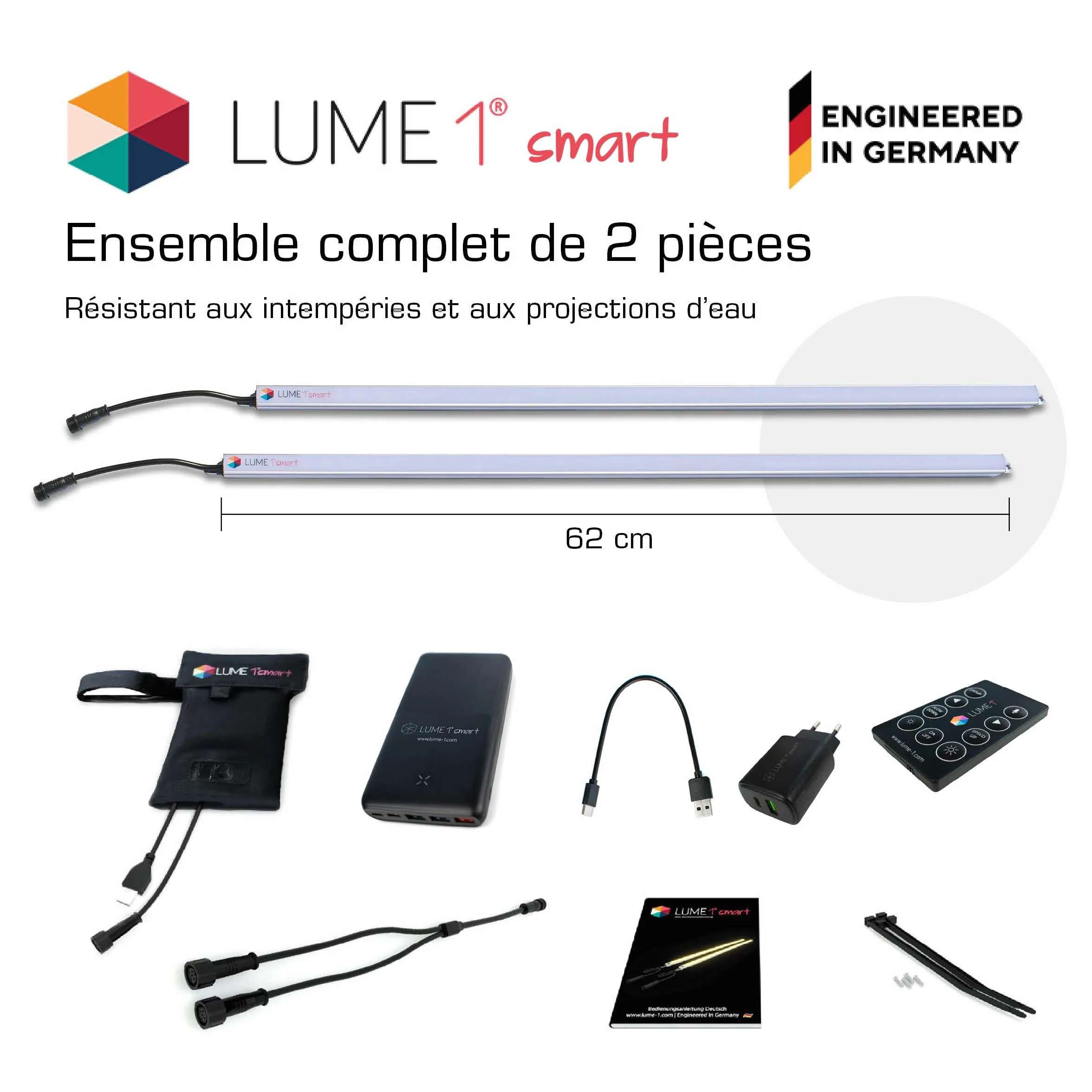 Éclairage pour parasol avec télécommande 2 bandes LED blanc chaud 1000 lumens 2700K batterie incluse lot de 2