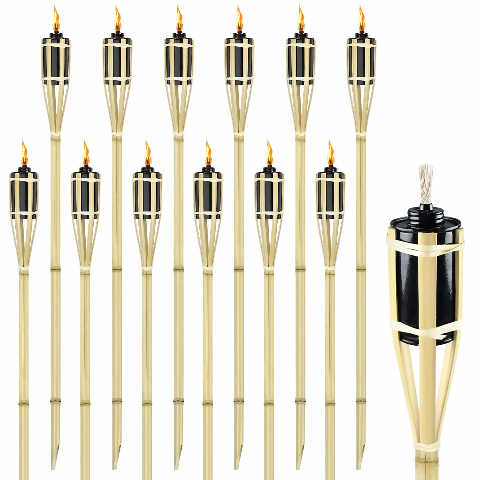 Lot de 12 Torches de Jardin en Bambou pour Extérieur - Torches à Huile avec Mèche, Hauteur 90 cm