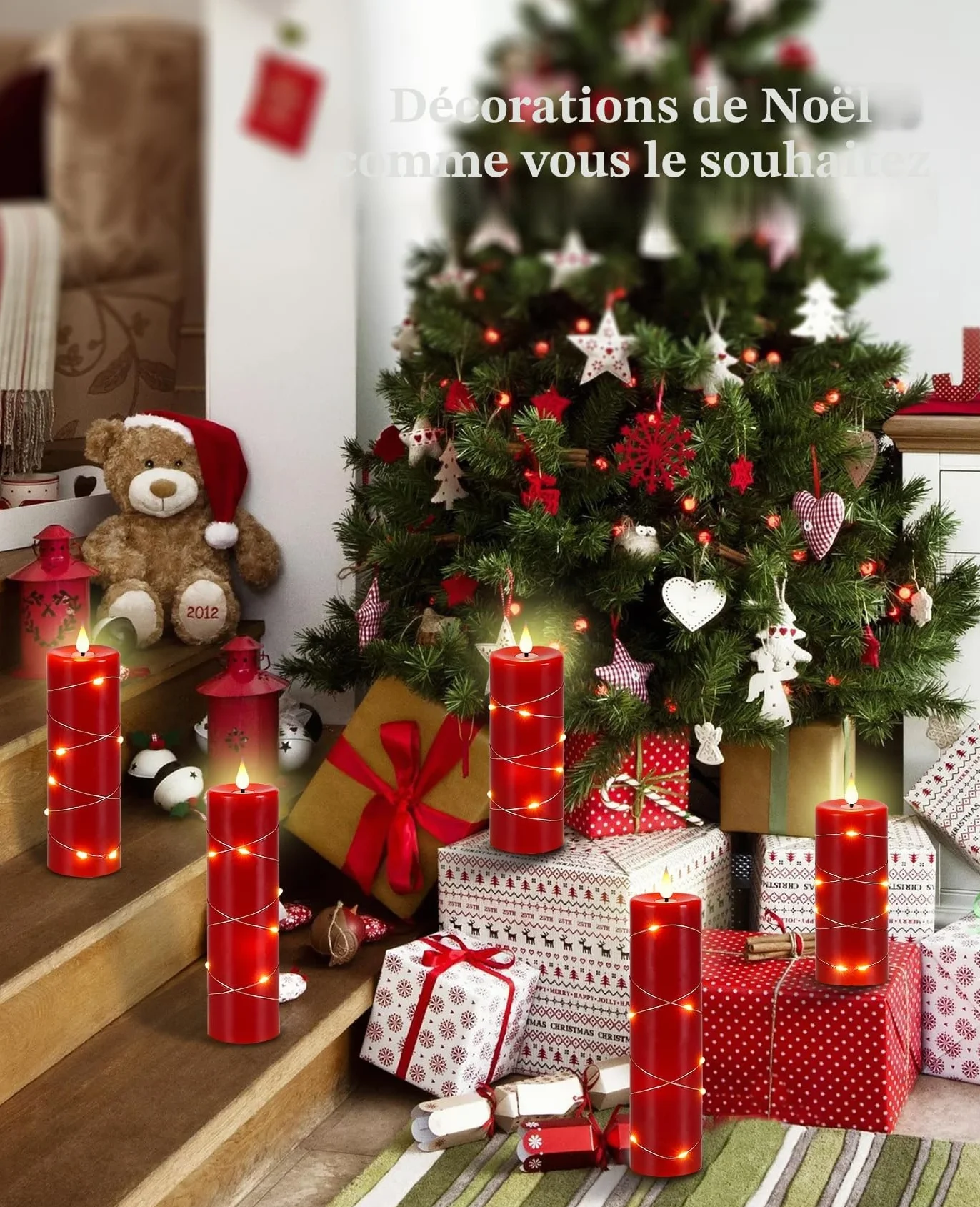 Bougies LED en Cire Rouge avec Guirlande Lumineuse, Flamme Scintillante Réaliste, Télécommande Incluse