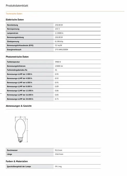 Lampa Vapeur de mercure 250 W culot E-40