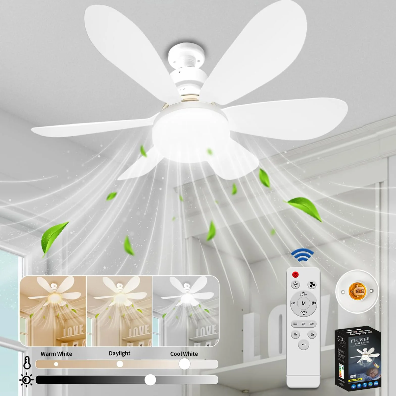 VHV Ventilateur de Plafond avec Lumière LED Dimmable 40W E27, 6 Pales, 3 Vitesses, Silencieux, Blanc