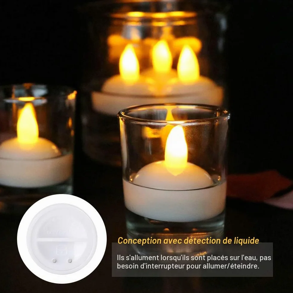 Bougie Flottante Sans Flammes 12 LED, Batterie Étanche, Lumière Vacillante pour Mariage, Fête, Centre de Table (Blanc Chaud)