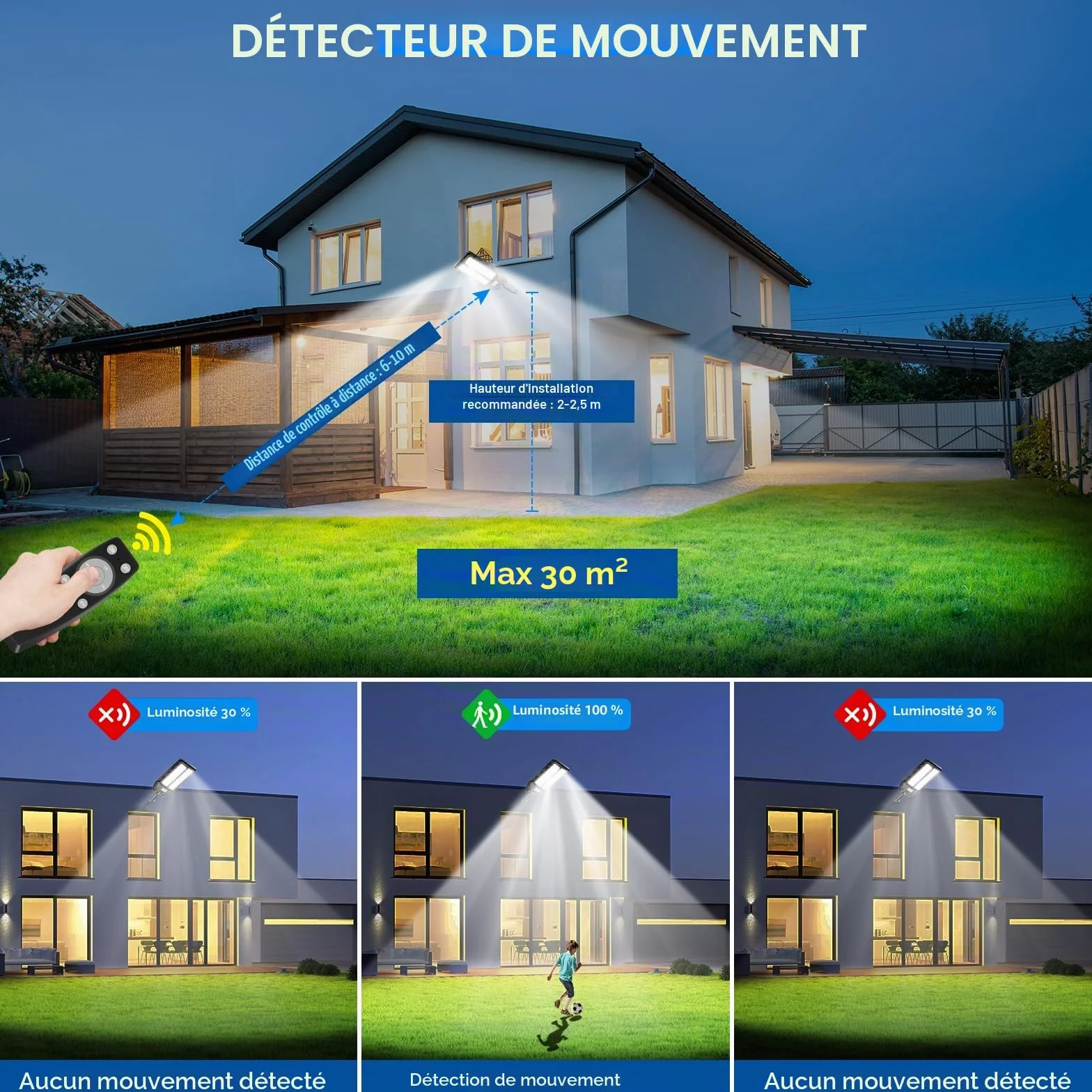 Adewalk 800W lampadaire solaire extérieure IP66 avec télécommande et capteur de mouvement 6500K LED