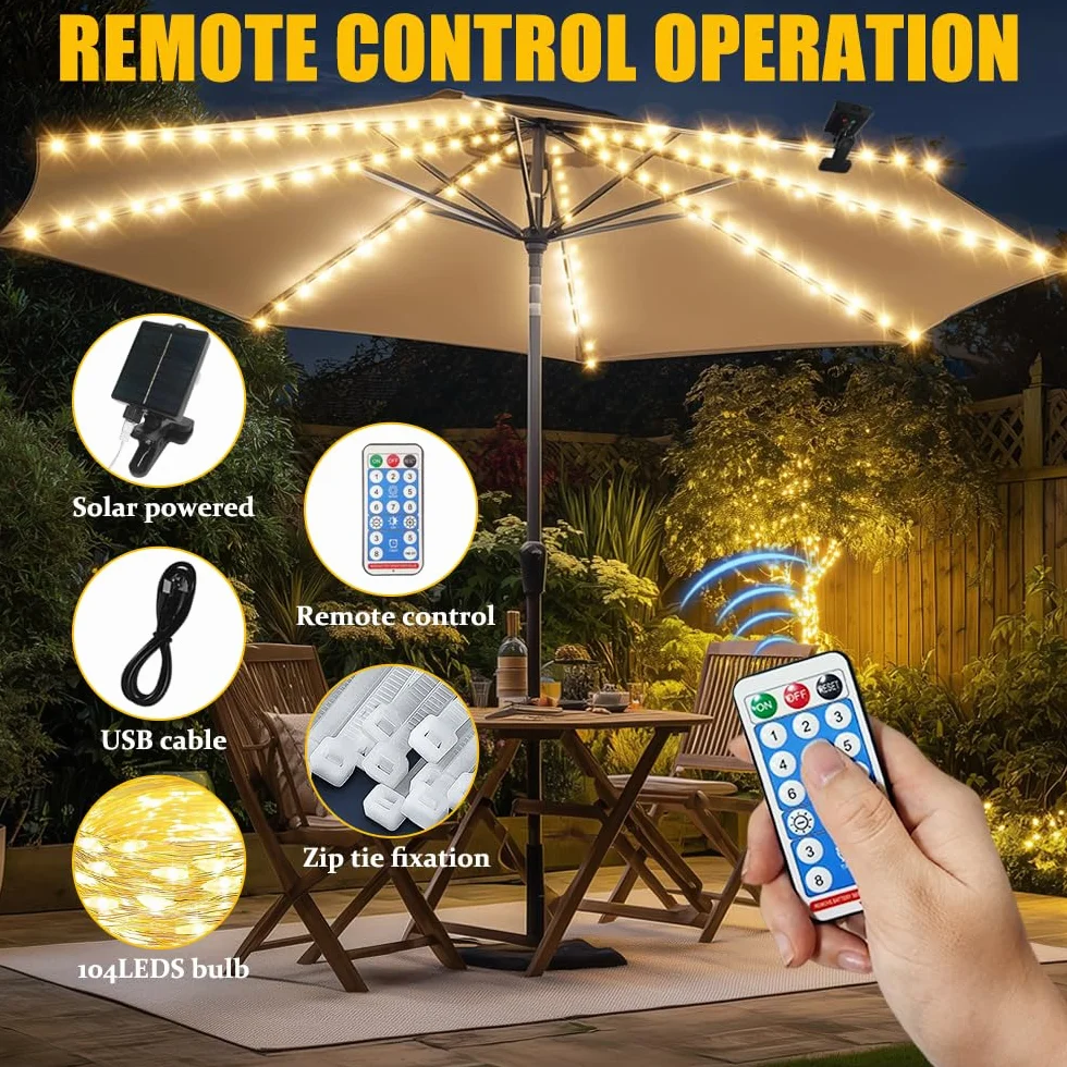 Lampes Solaires pour Parasol 104 LED 8 Modes Télécommande USB Jardin