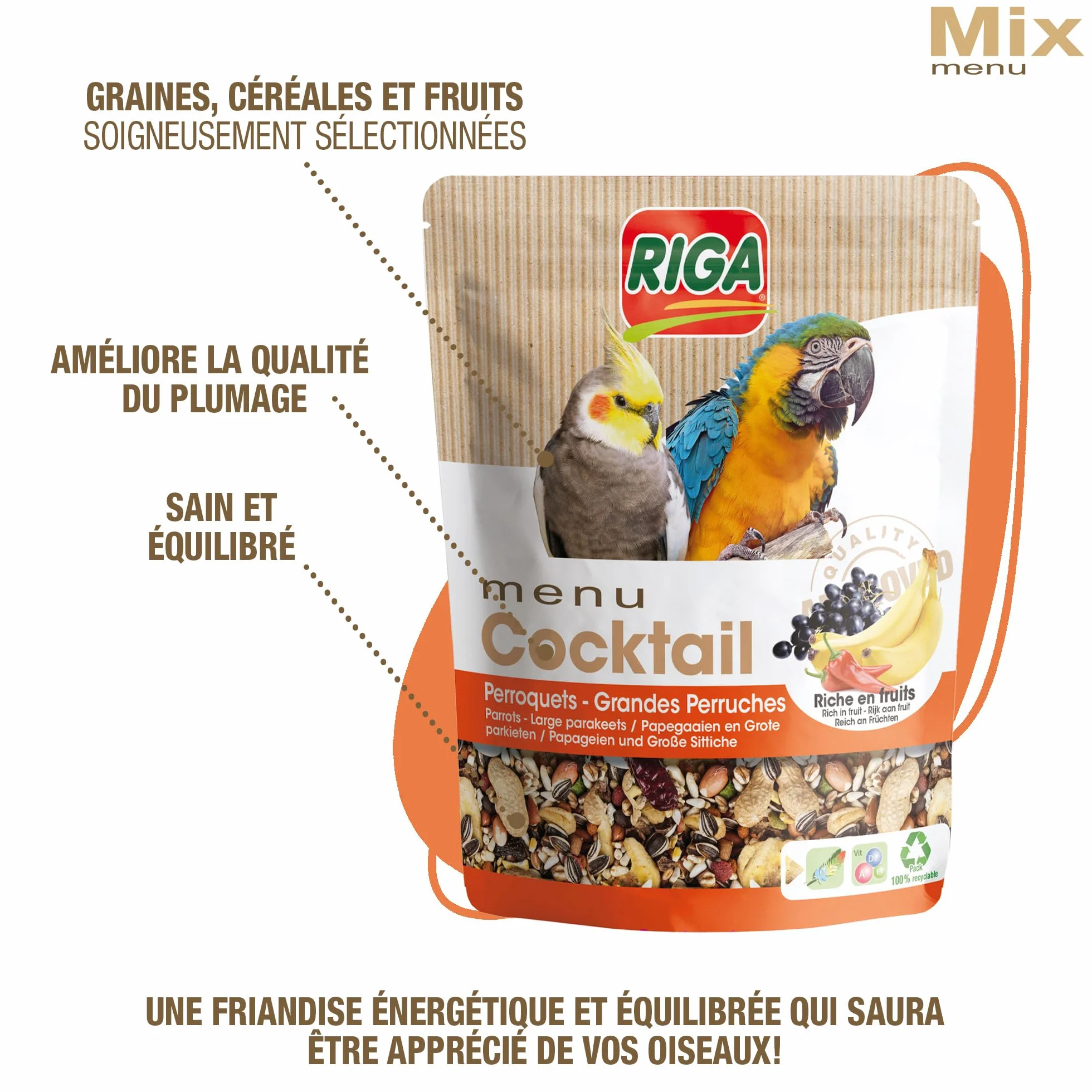 Menu Cocktail Friandise Grandes Perruches et Perroquets Mélange de Graines Riche en Fruits Doypack 500g