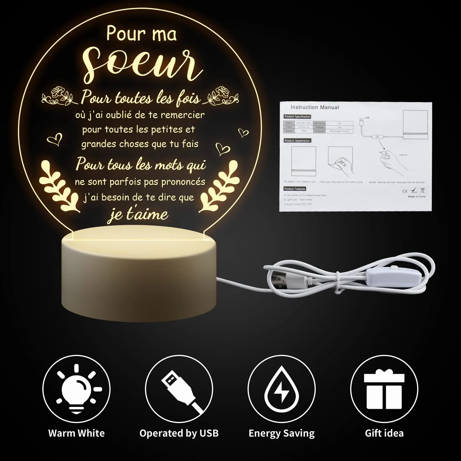Welsky Veilleuse LED Cadeau pour Soeur Anniversaire Mariage Noel Fete des Meres Acrylique Decoration