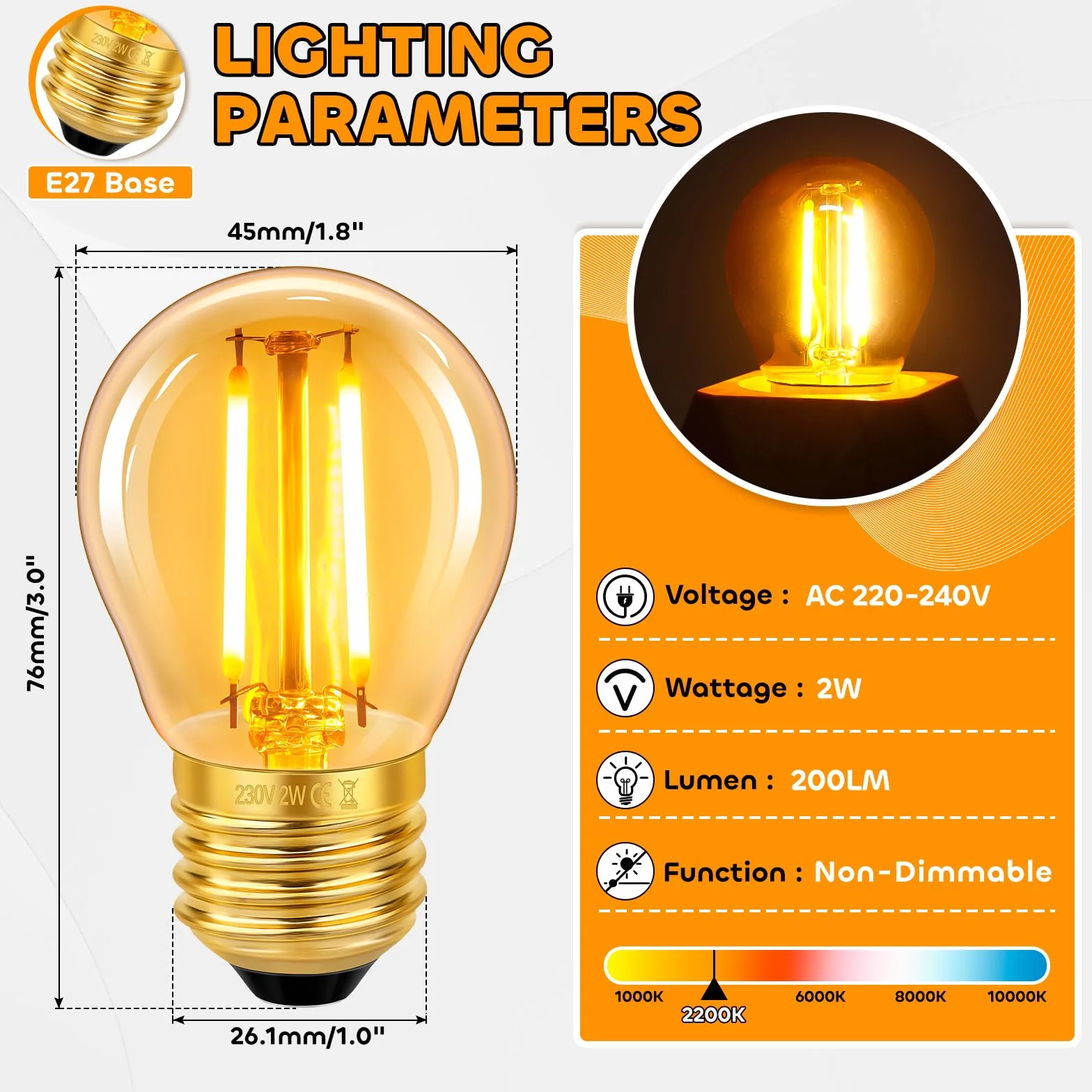 Ampoule E27 Vintage 2W LED Filament G45 Verre Ambré Blanc Chaud 2200K 200LM AC 220V Lot de 2