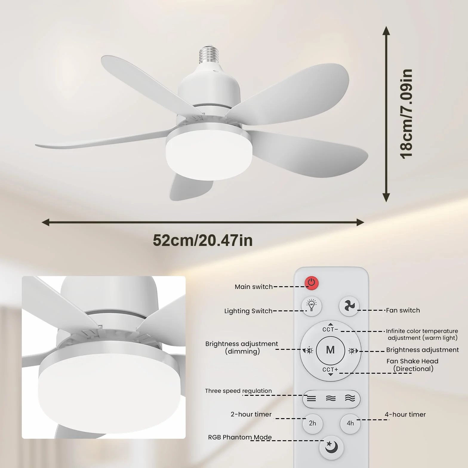 Ventilateur De Plafond Avec Lumiere Et Telecommande, Lampe De Plafond Avec Ventilateur Silencieux 52cm 3 Vitesses 3 Modes Eclairage