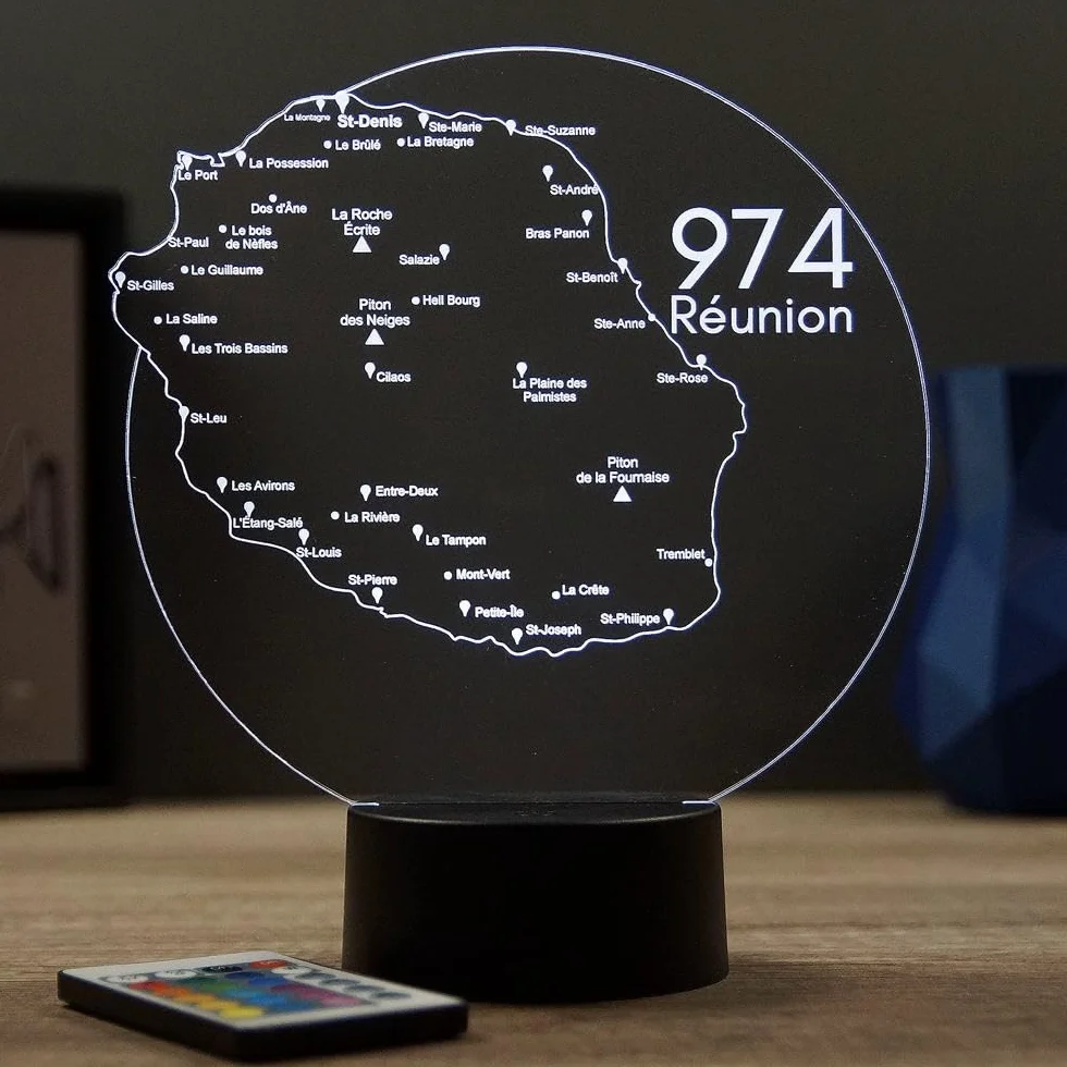 Lampe 3D Île de la Réunion 974 Veilleuse Carte Gravée Illusion Optique 16 Couleurs Télécommande USB Piles