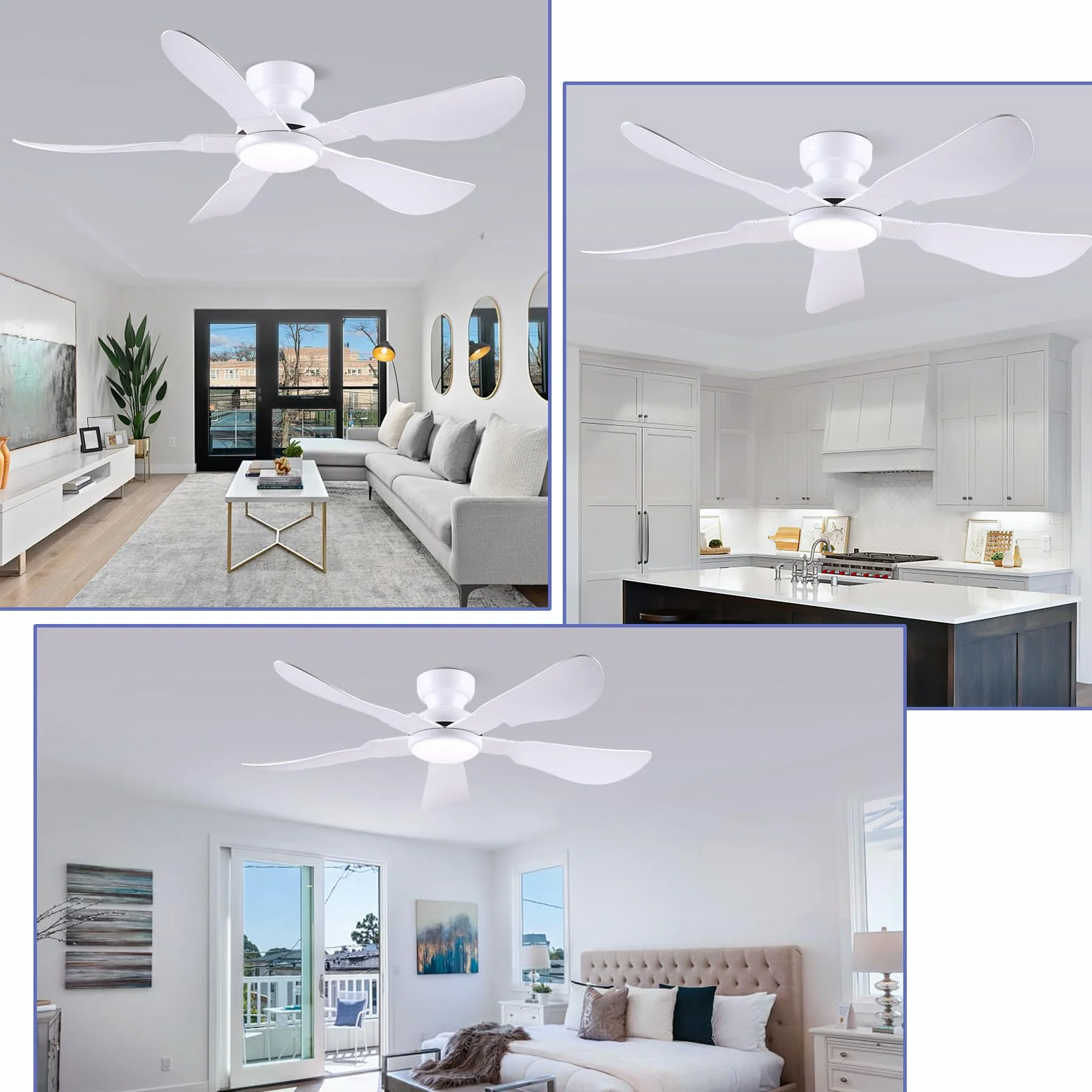 Ventilateur de plafond moderne 132 cm avec lumière, télécommande et APP, 5 pales réversibles, 6 vitesses, 3 températures de couleur dimmables, blanc