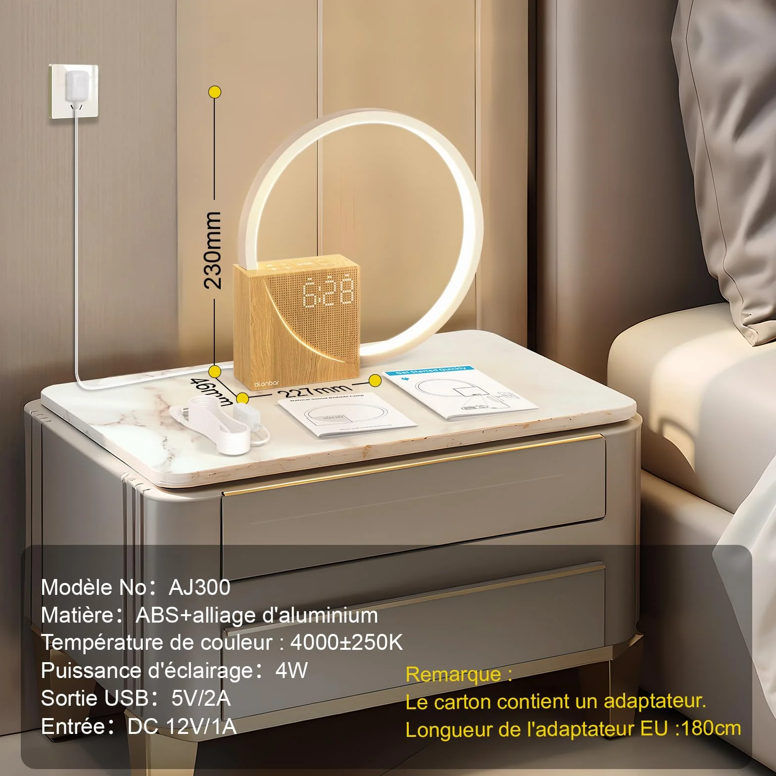 blonbar Lampe De Chevet USB Réveil Lumière Touch Control 10W Veilleuse 3 Niveaux Luminosité